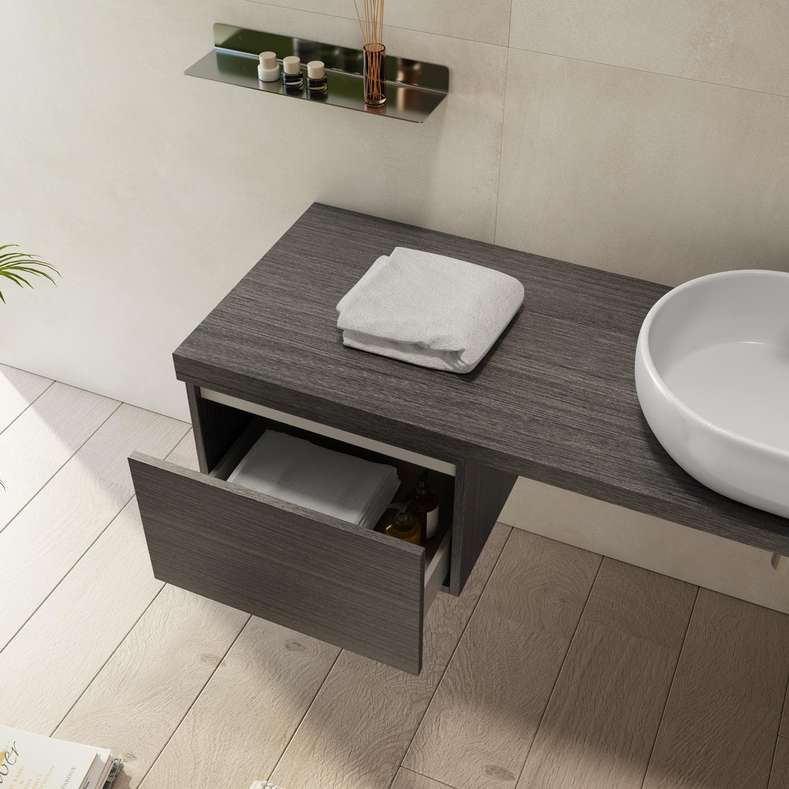 Mensolone bagno 150 cm con cassetto sospeso 50 cm in legno rovere grigio - Plain