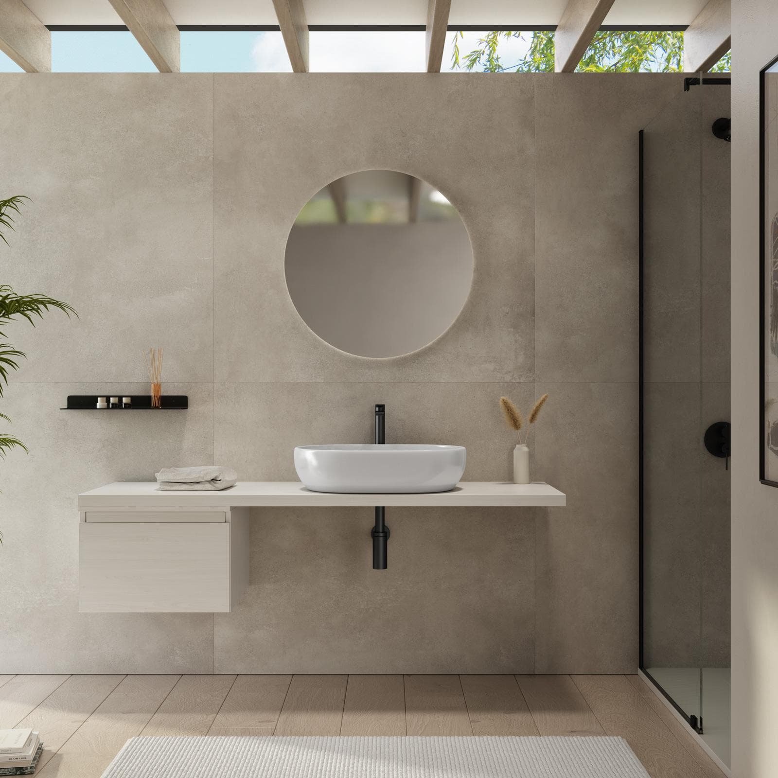 Mensolone bagno 160 cm con cassetto sospeso 50 cm in legno rovere bianco - Plain
