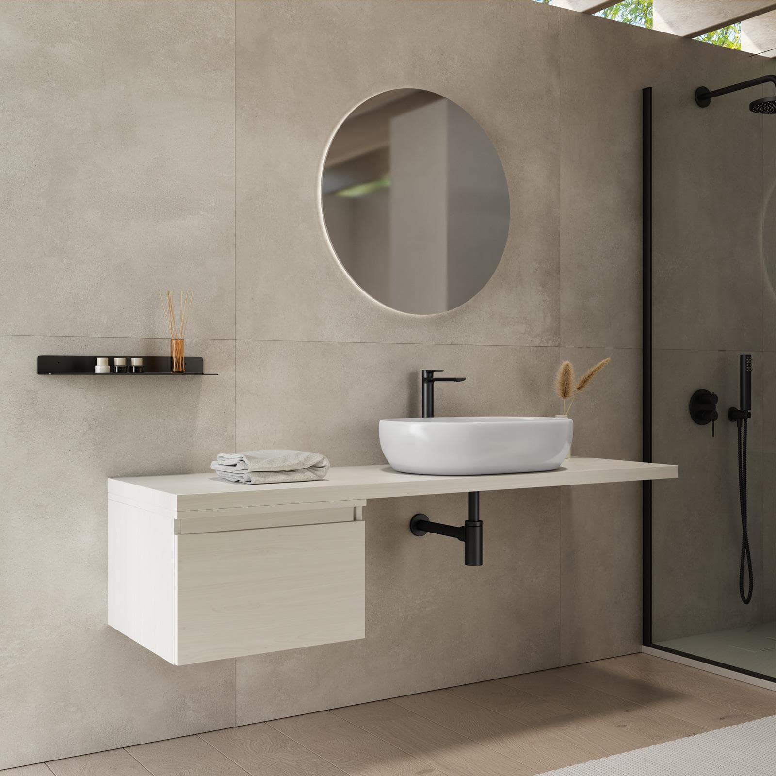 Mensolone bagno 160 cm con cassetto sospeso 50 cm in legno rovere bianco - Plain