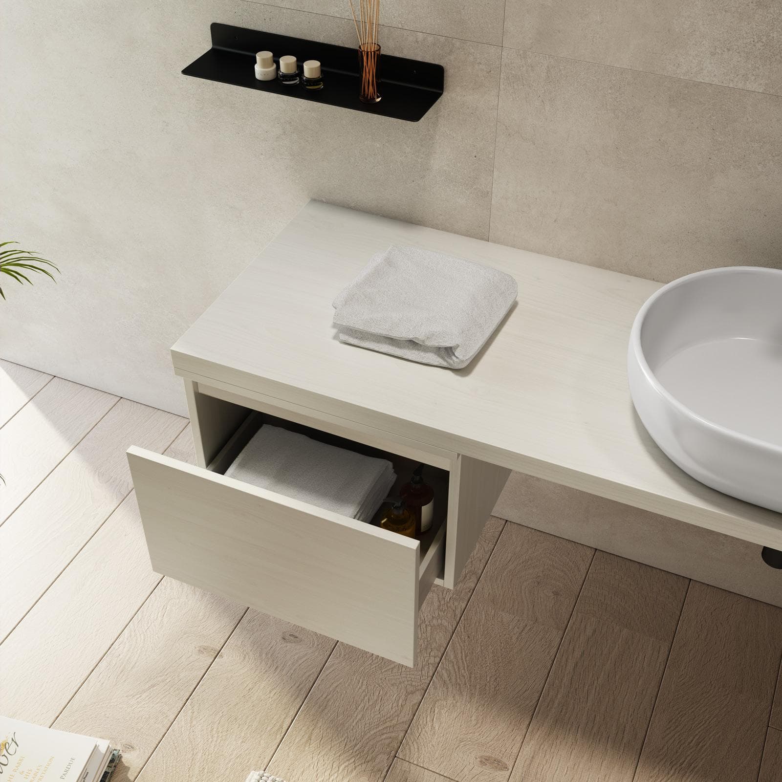 Mensolone bagno 160 cm con cassetto sospeso 50 cm in legno rovere bianco - Plain