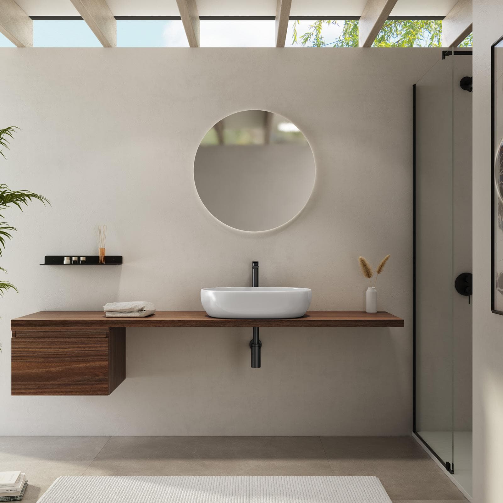 Mensolone bagno 180 cm con cassetto sospeso 50 cm in legno rovere deciso - Plain