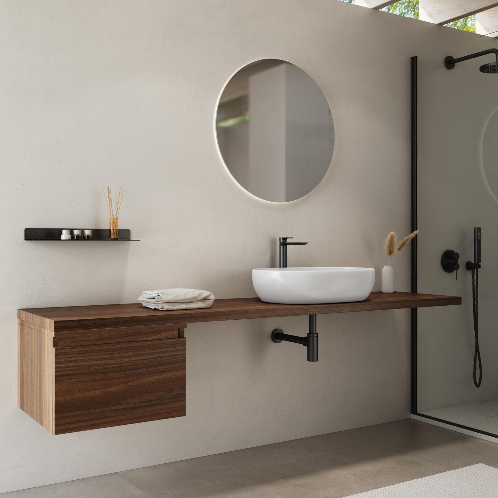 Mensolone bagno 180 cm con cassetto sospeso 50 cm in legno rovere deciso - Plain