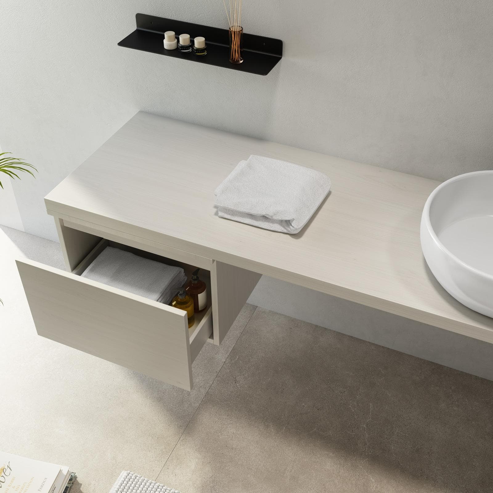Mensolone bagno 190 cm con cassetto sospeso 50 cm in legno rovere bianco - Plain