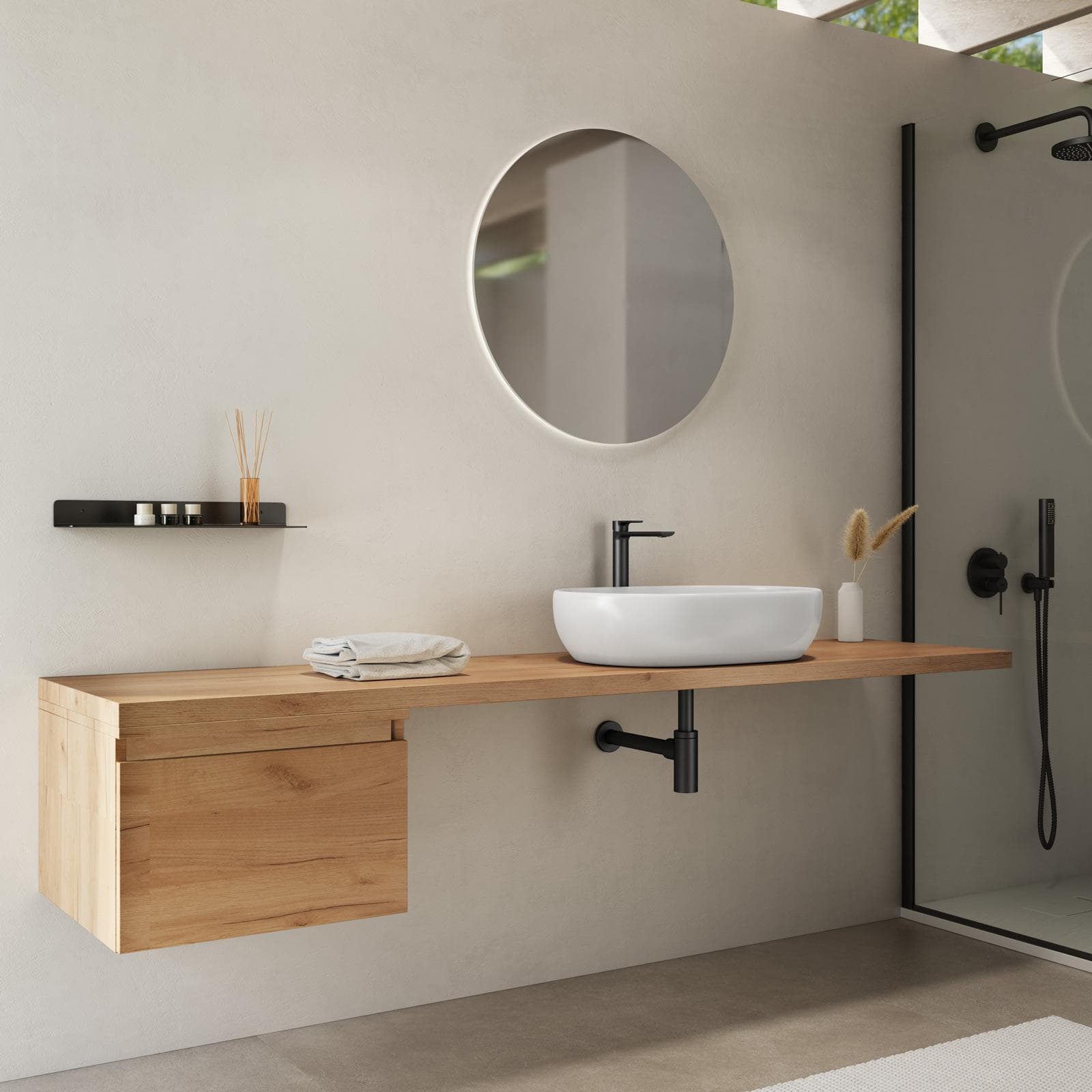 Mensolone bagno 190 cm con cassetto sospeso 50 cm in legno rovere gold - Plain