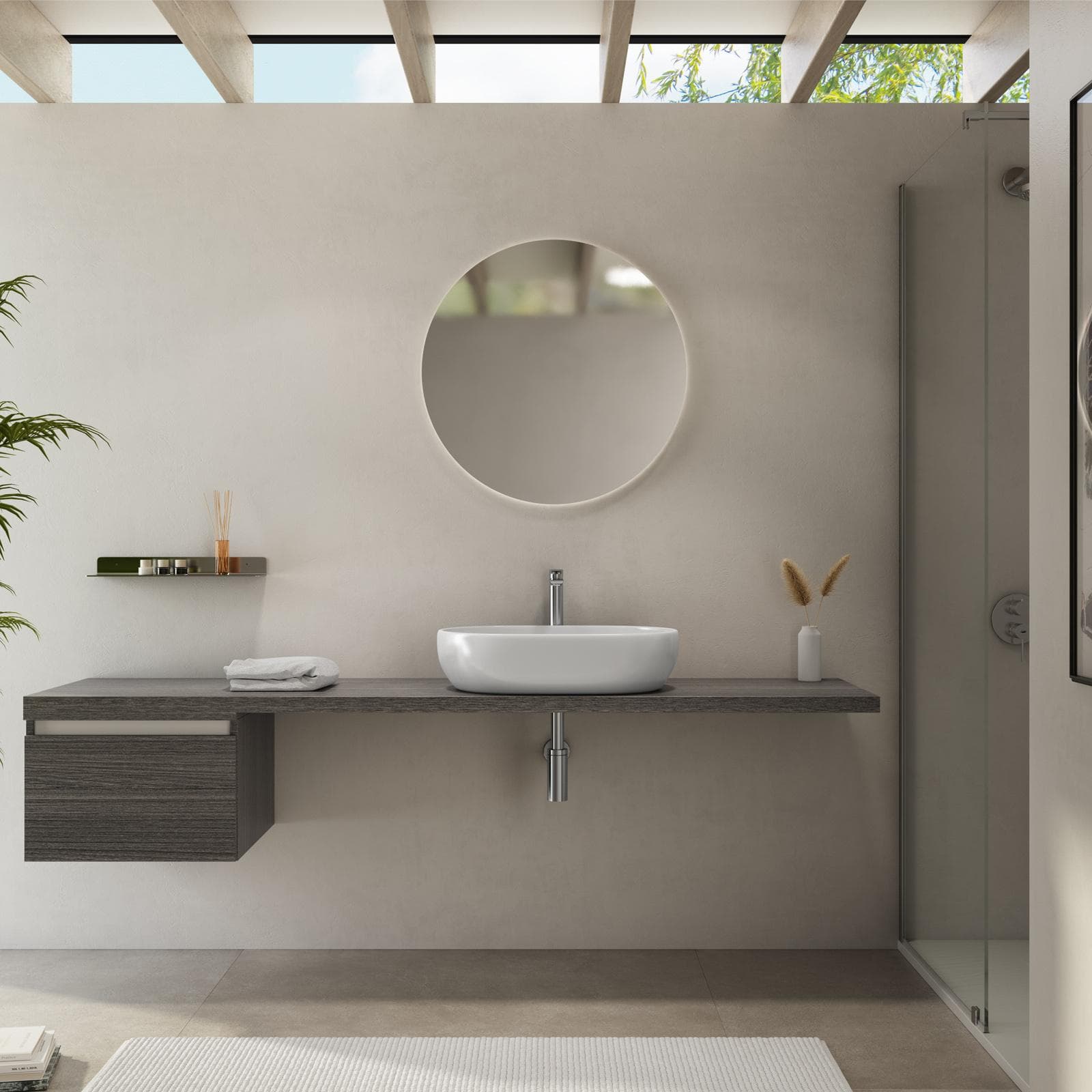 Mensolone bagno 190 cm con cassetto sospeso 50 cm in legno rovere grigio - Plain