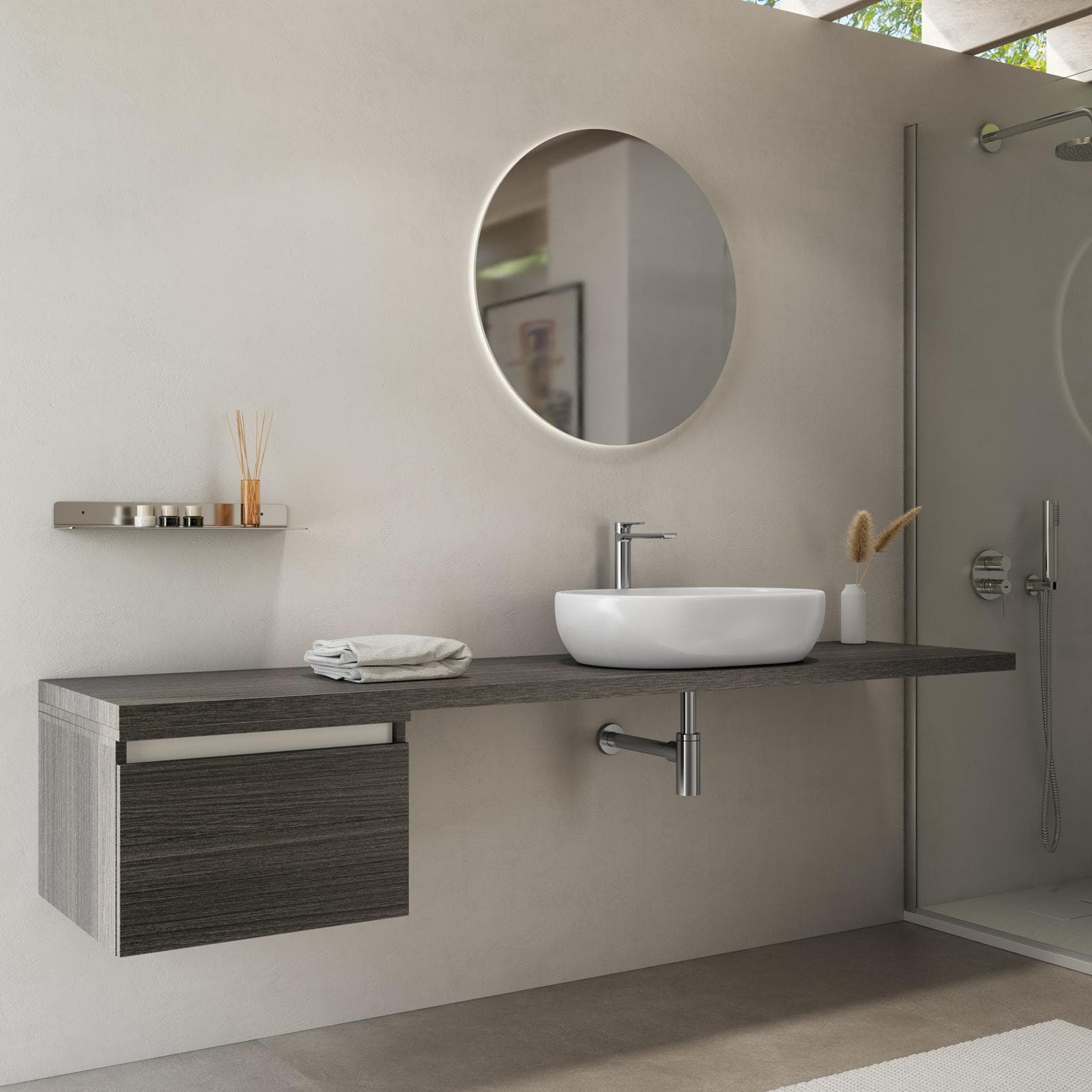 Mensolone bagno 200 cm con cassetto sospeso 50 cm in legno rovere grigio - Plain
