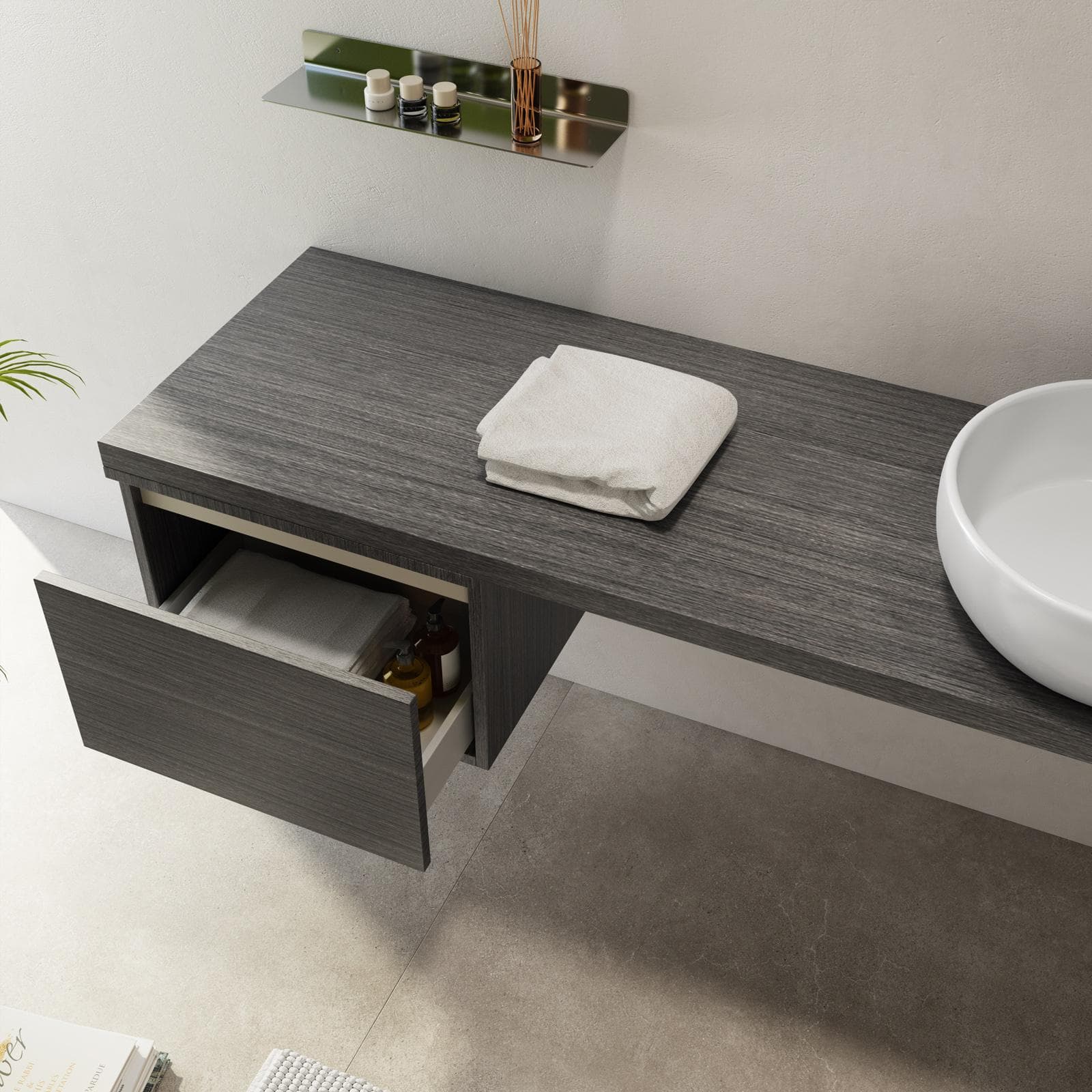 Mensolone bagno 200 cm con cassetto sospeso 50 cm in legno rovere grigio - Plain