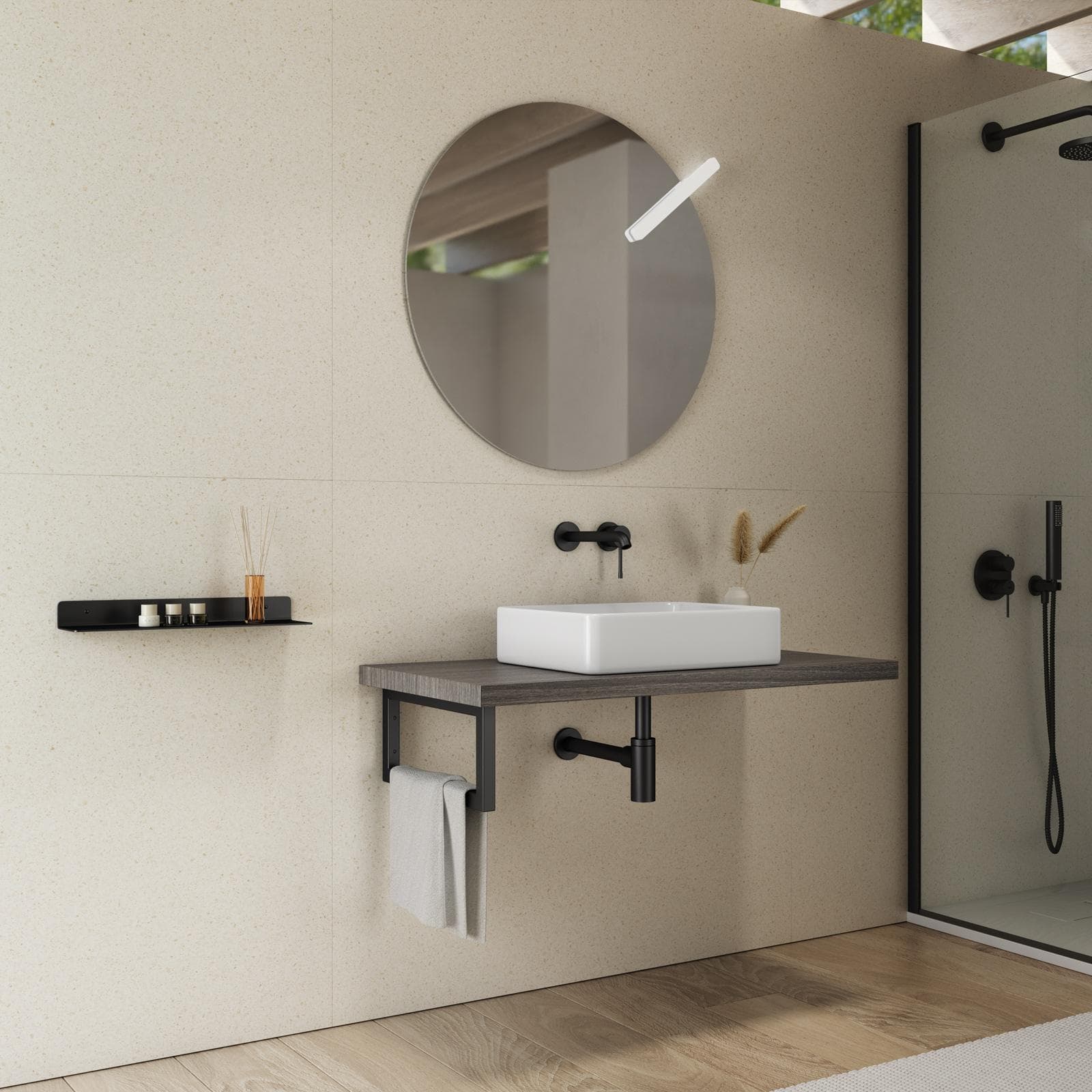 Mensolone bagno 3,8 h sospeso 110 cm in legno rovere grigio - Plain