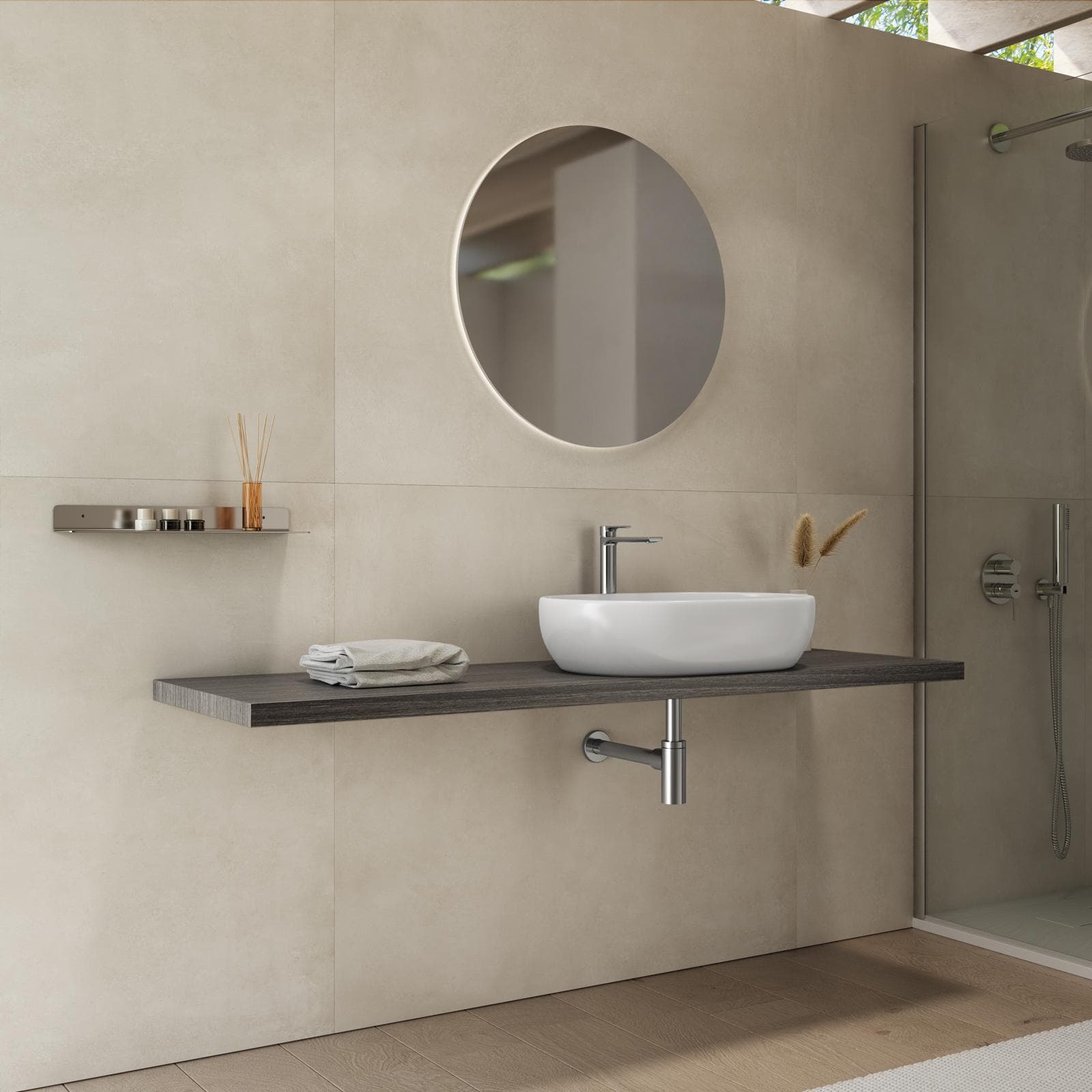 Mensolone bagno 3,8 h sospeso 150 cm in legno rovere grigio - Plain