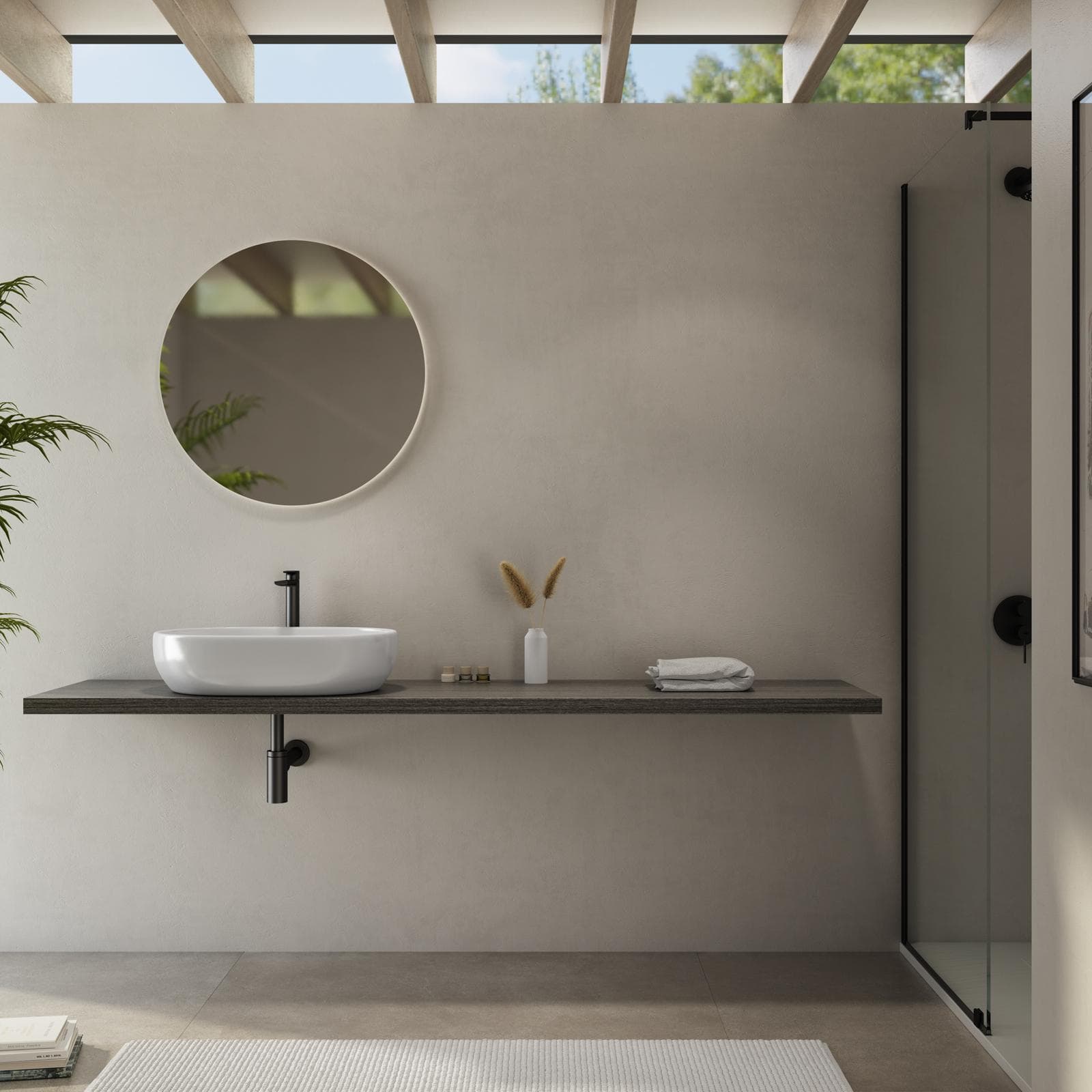 Mensolone bagno 3,8 h sospeso 180 cm in legno rovere grigio - Plain