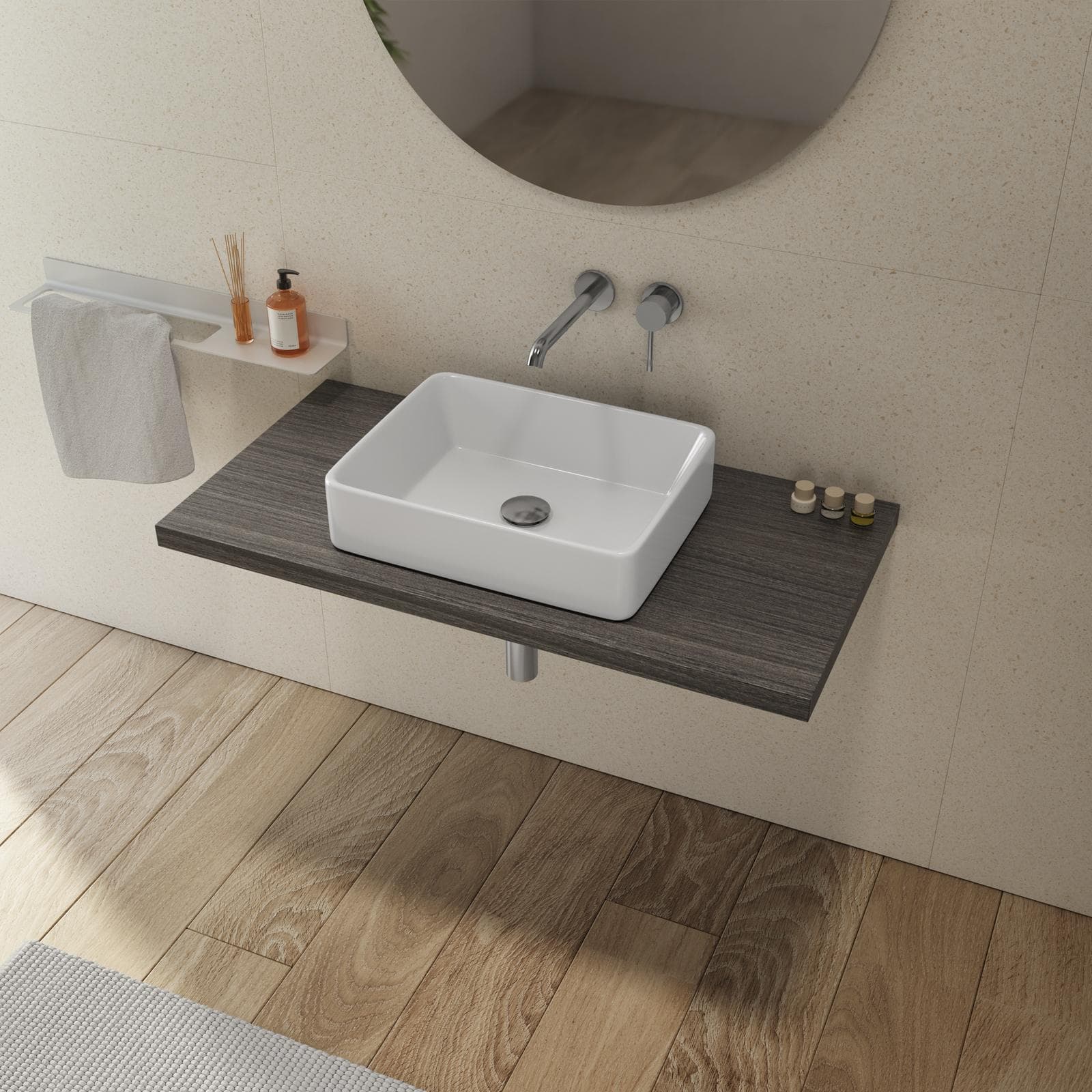 Mensolone bagno 3,8 h sospeso 90 cm in legno rovere grigio - Plain