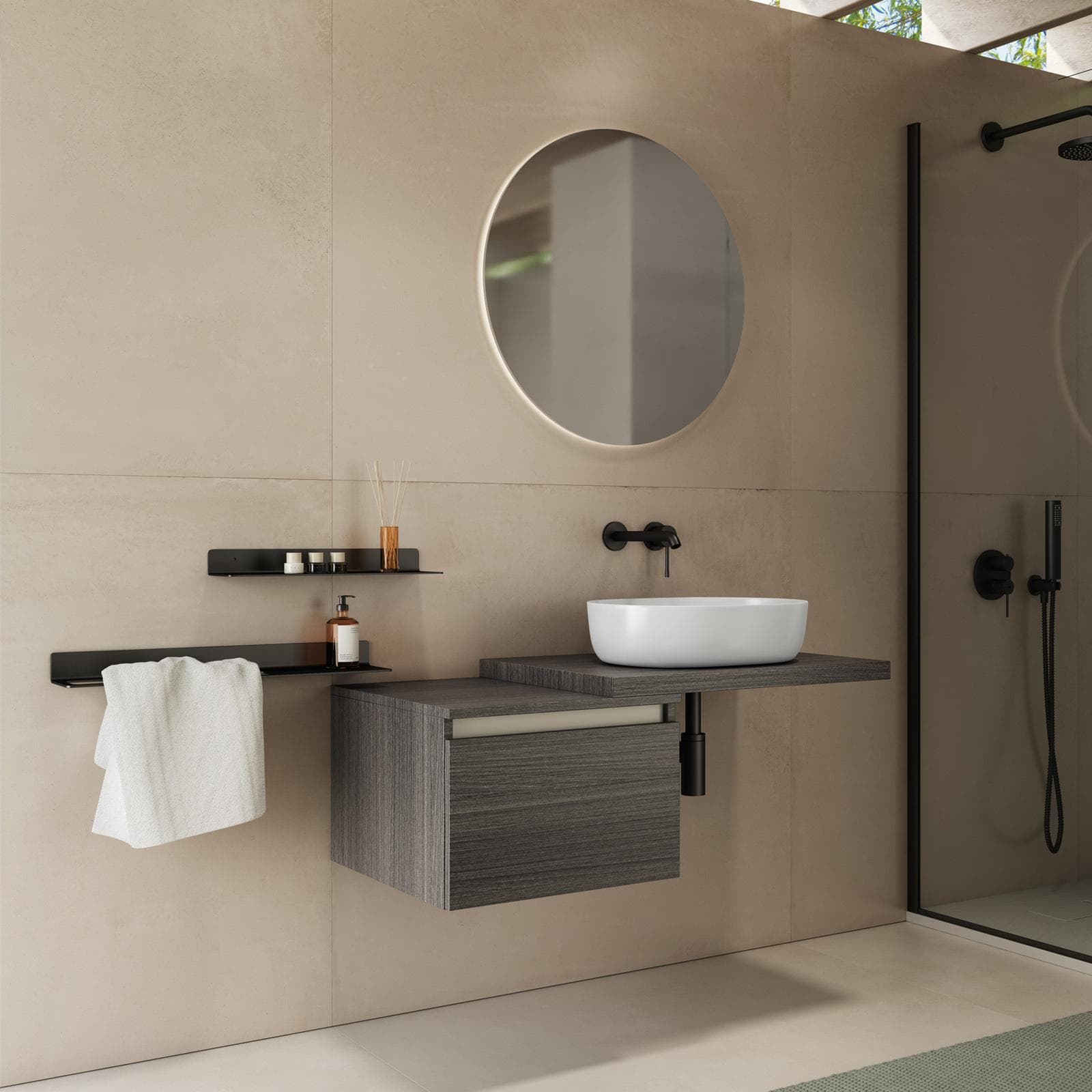 Mensolone bagno 60 cm con cassetto sospeso 50 cm in legno rovere grigio - Plain