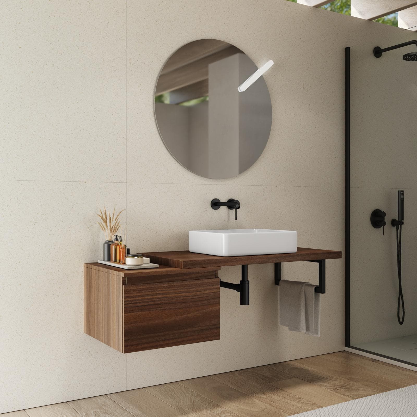 Mensolone bagno 90 cm con cassetto sospeso 50 cm in legno rovere deciso - Plain