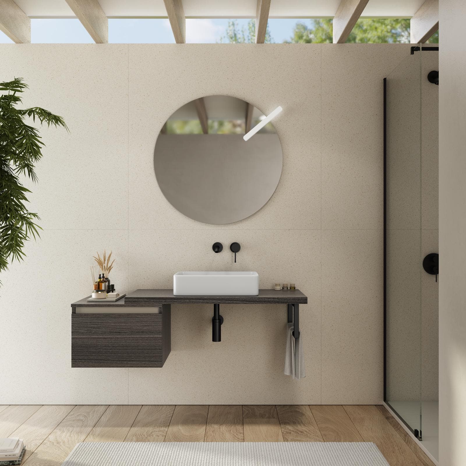 Mensolone bagno 90 cm con cassetto sospeso 50 cm in legno rovere grigio - Plain