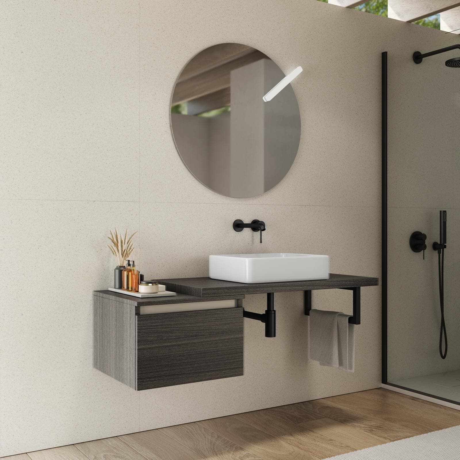 Mensolone bagno 90 cm con cassetto sospeso 50 cm in legno rovere grigio - Plain