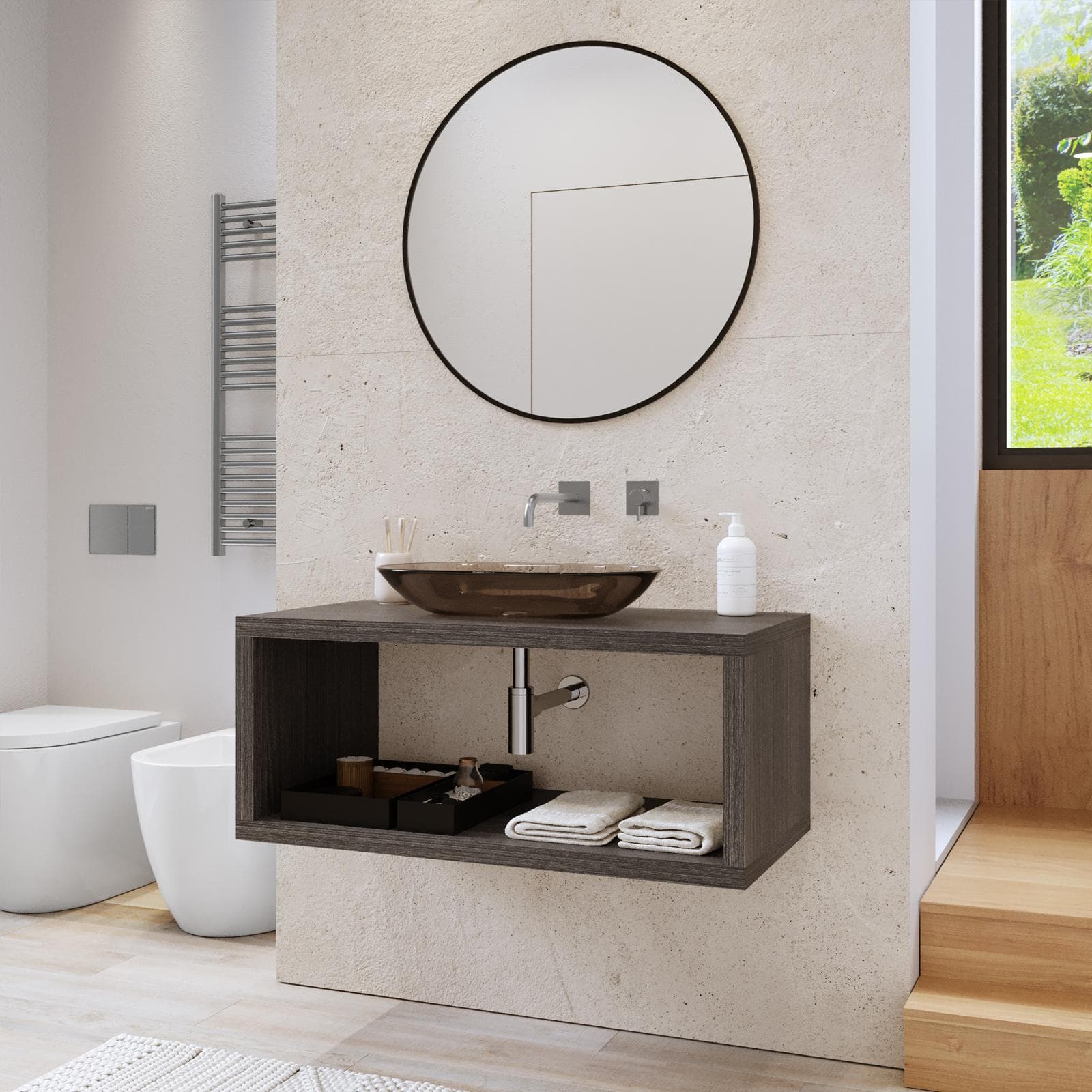 Mensolone bagno sospeso 110 cm con vano a giorno in legno rovere grigio - Plain