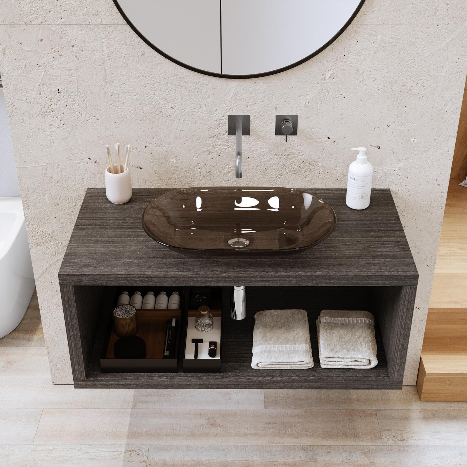 Mensolone bagno sospeso 110 cm con vano a giorno in legno rovere grigio - Plain