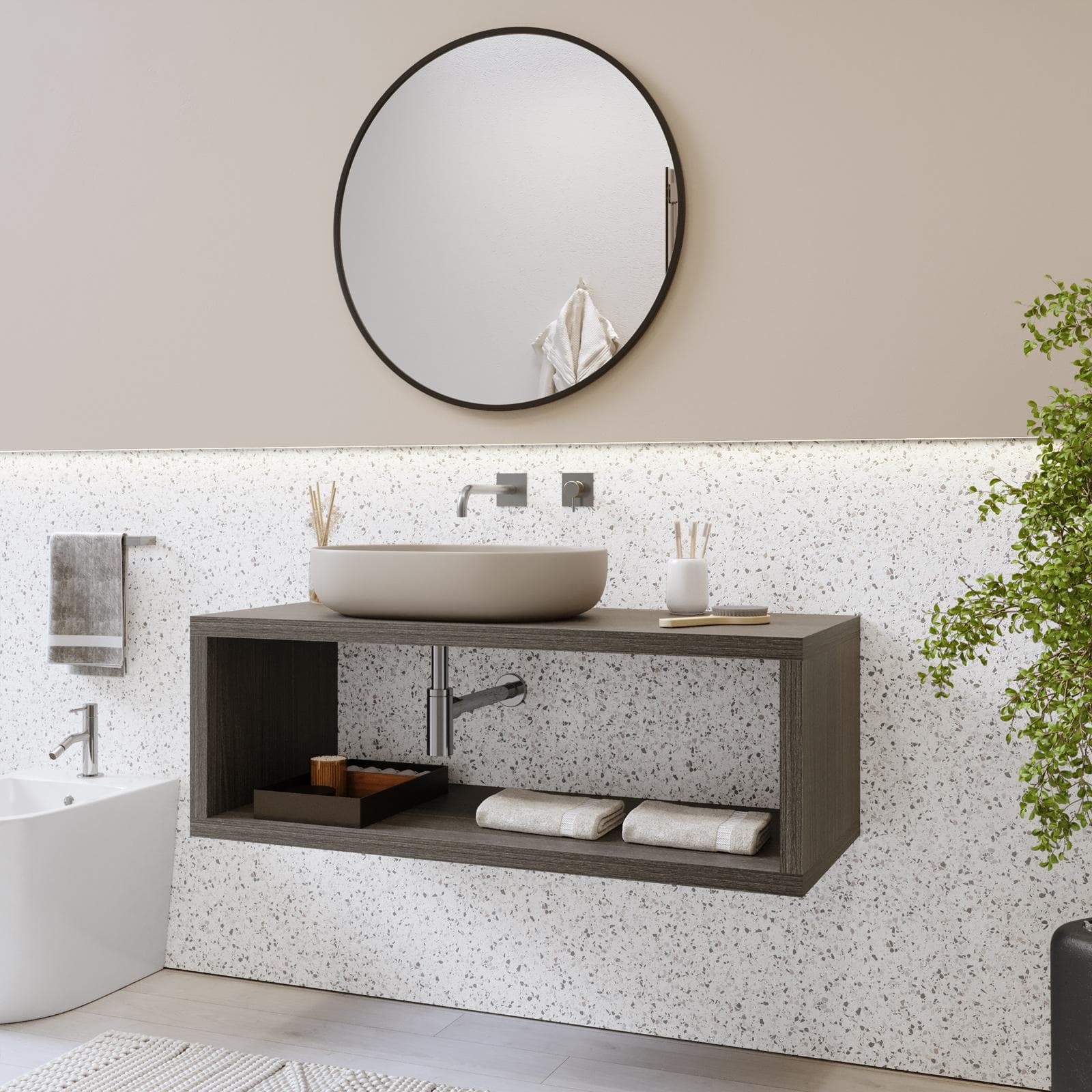 Mensolone bagno sospeso 130 cm con vano a giorno in legno rovere grigio - Plain