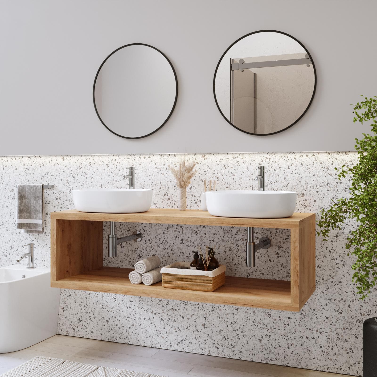 Mensolone bagno sospeso 140 cm con vano a giorno in legno rovere gold - Plain