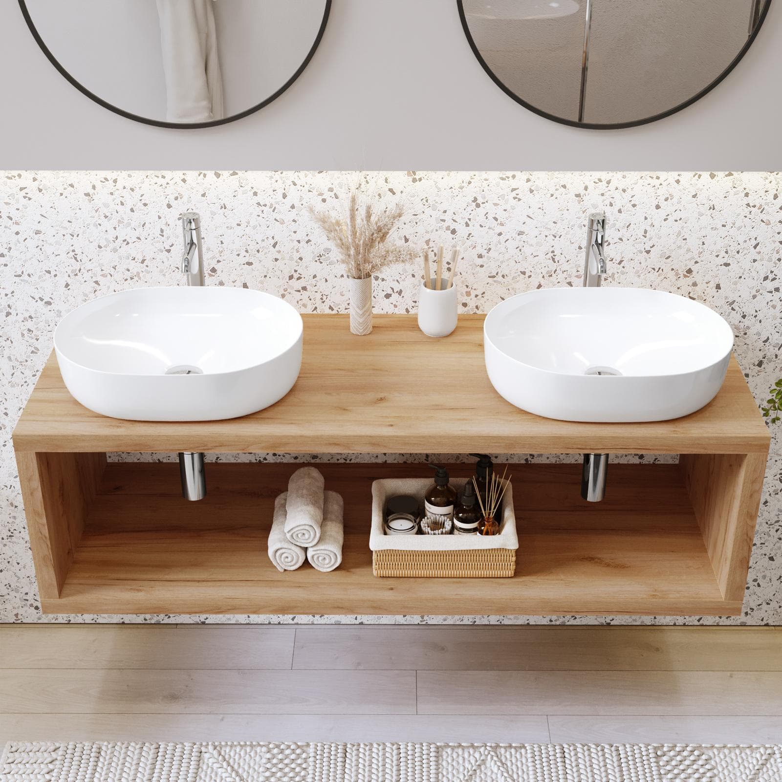 Mensolone bagno sospeso 140 cm con vano a giorno in legno rovere gold - Plain