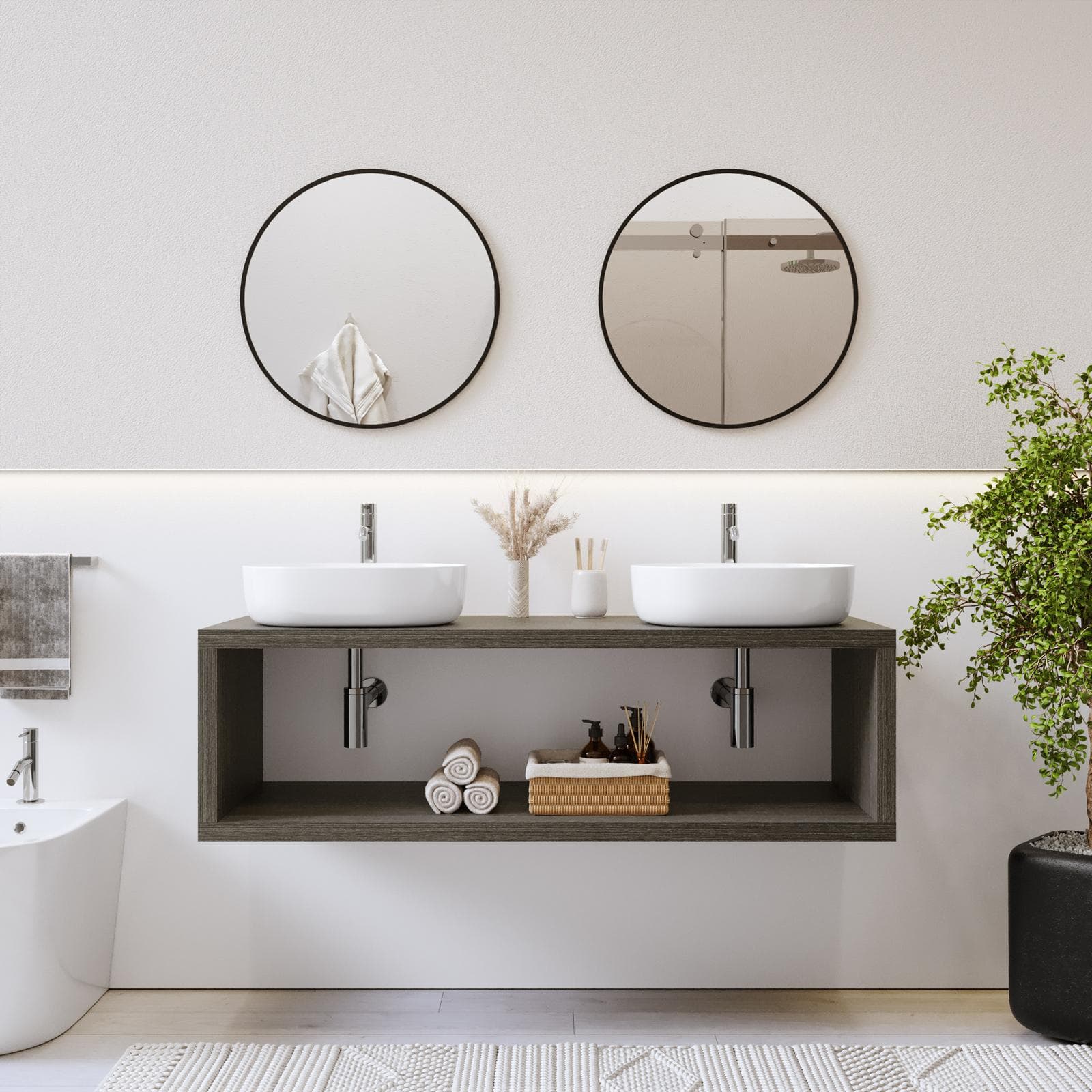 Mensolone bagno sospeso 140 cm con vano a giorno in legno rovere grigio - Plain