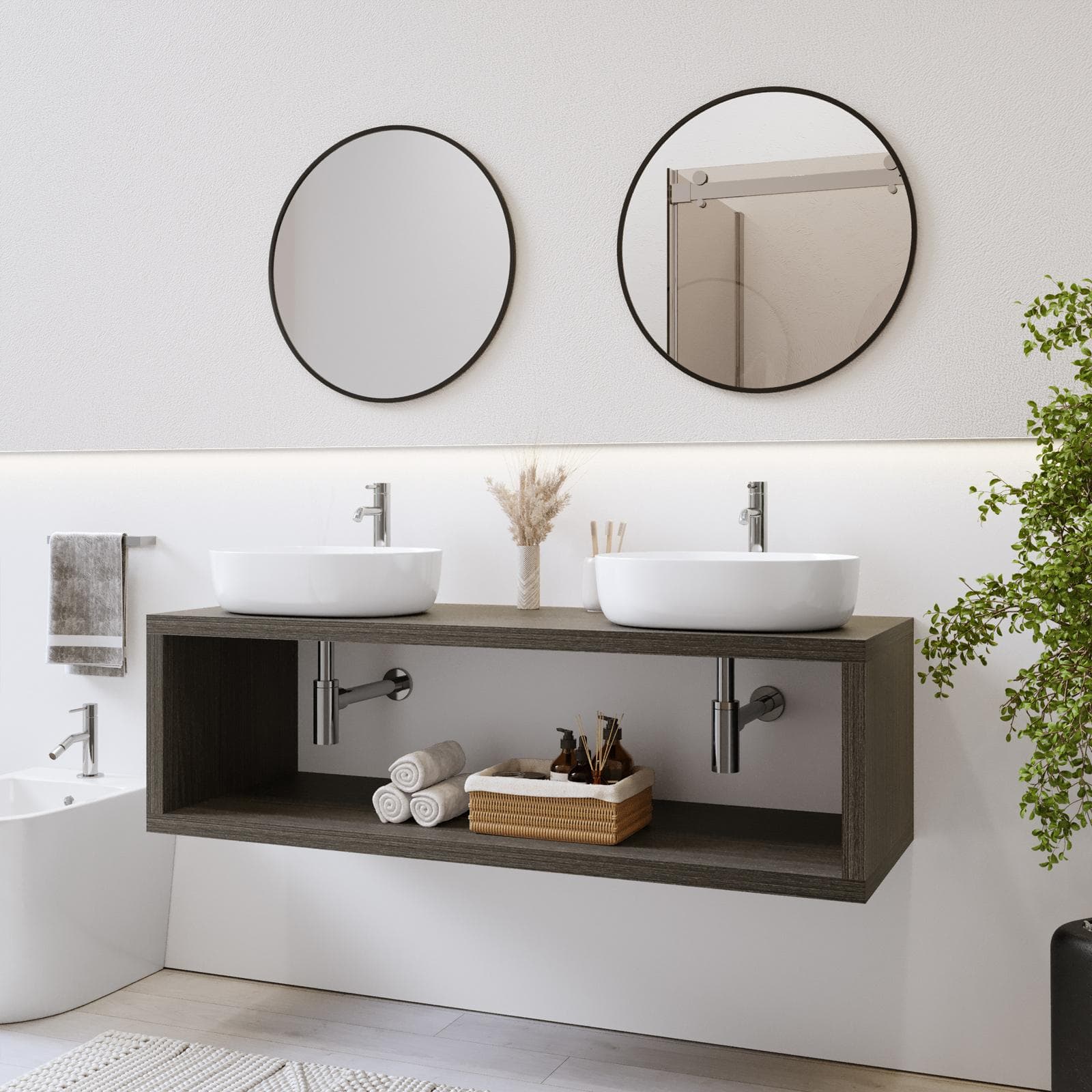 Mensolone bagno sospeso 140 cm con vano a giorno in legno rovere grigio - Plain