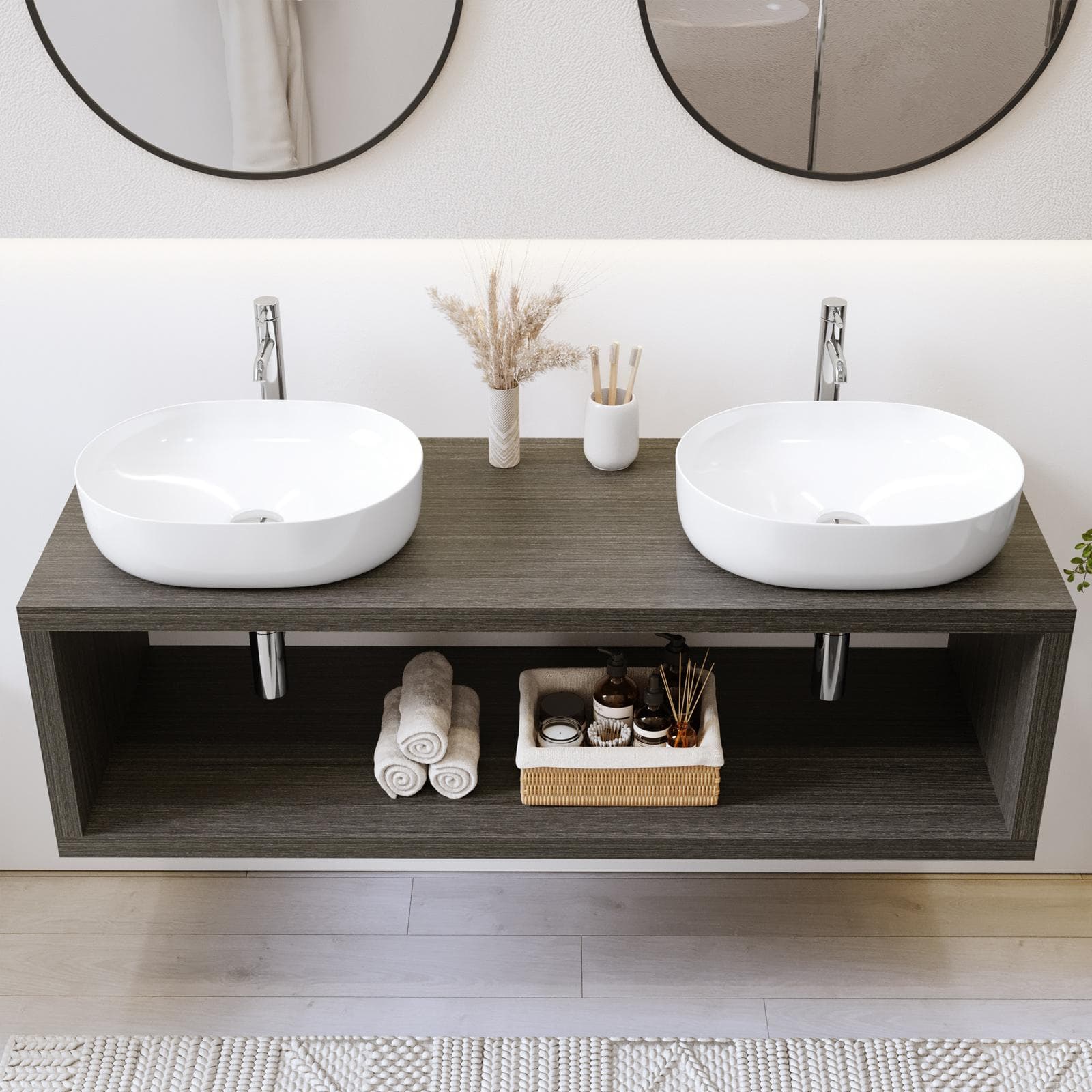 Mensolone bagno sospeso 140 cm con vano a giorno in legno rovere grigio - Plain