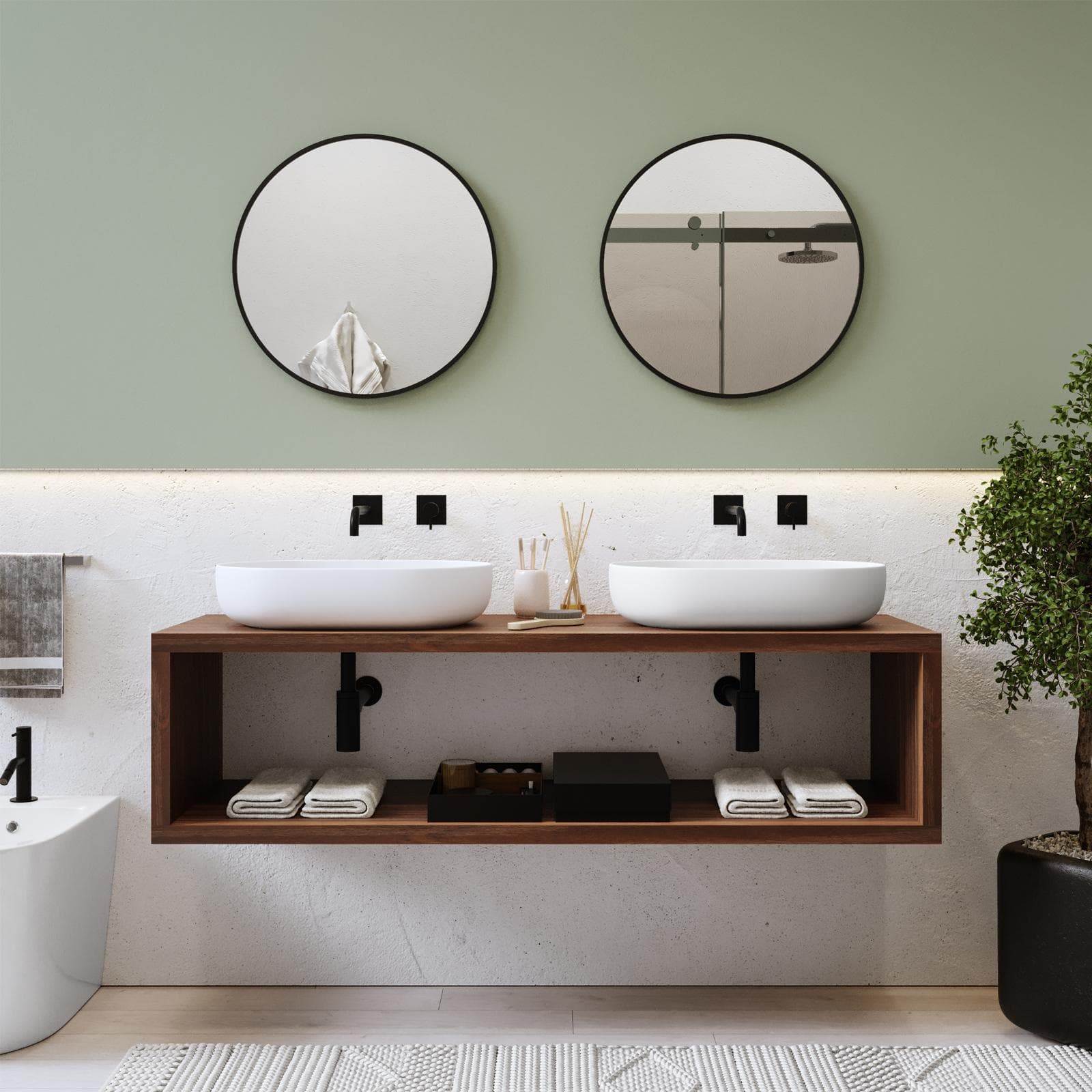 Mensolone bagno sospeso 150 cm con vano a giorno in legno rovere deciso - Plain