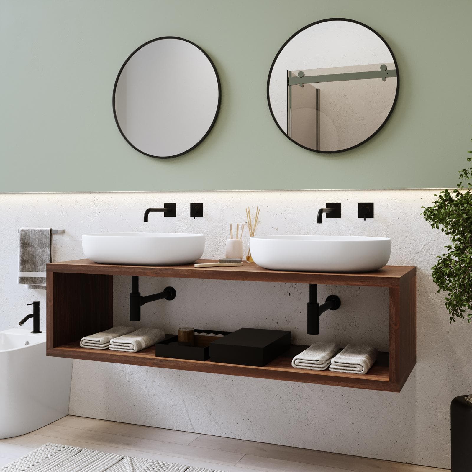 Mensolone bagno sospeso 150 cm con vano a giorno in legno rovere deciso - Plain