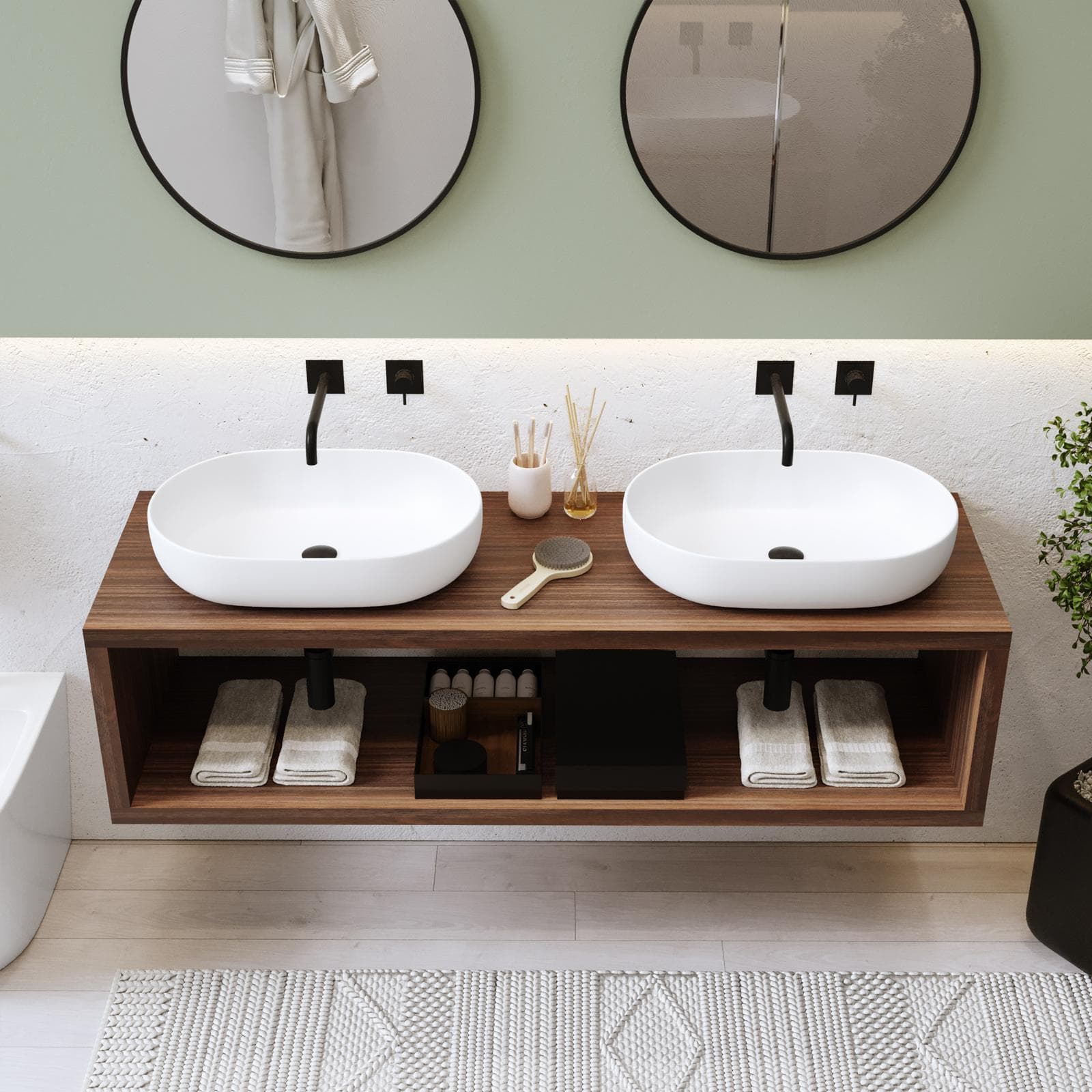 Mensolone bagno sospeso 150 cm con vano a giorno in legno rovere deciso - Plain