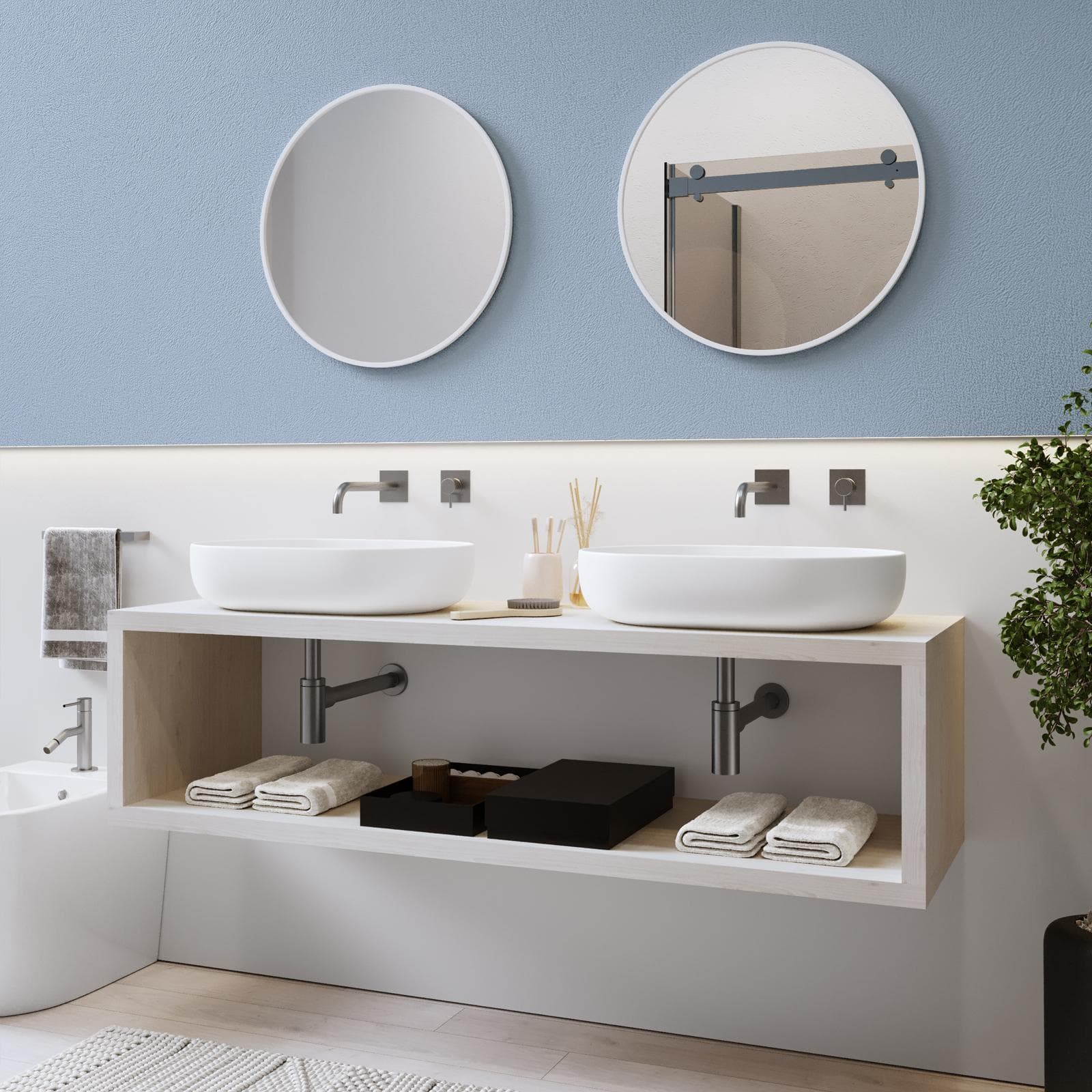 Mensolone bagno sospeso 160 cm con vano a giorno in legno rovere bianco - Plain