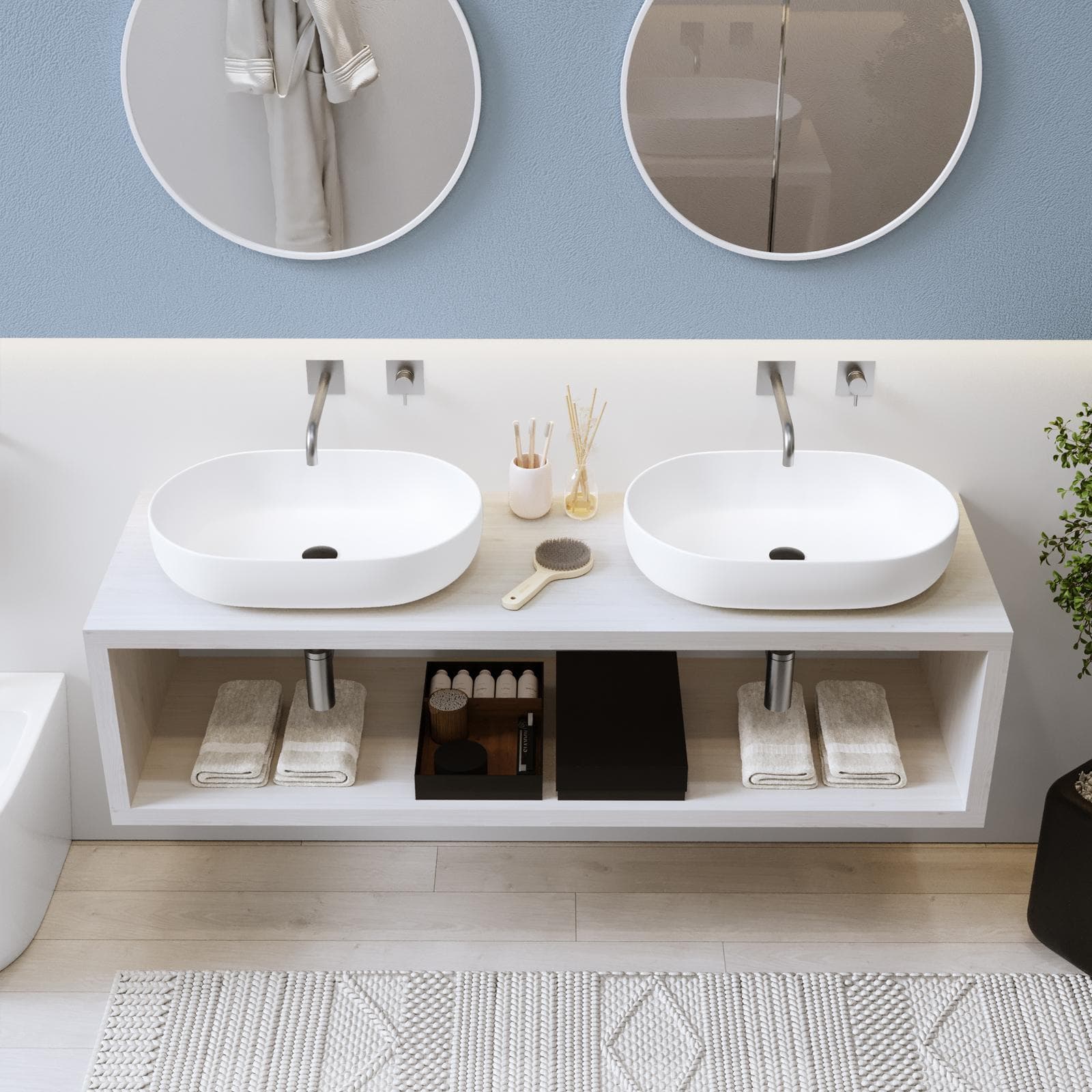 Mensolone bagno sospeso 160 cm con vano a giorno in legno rovere bianco - Plain