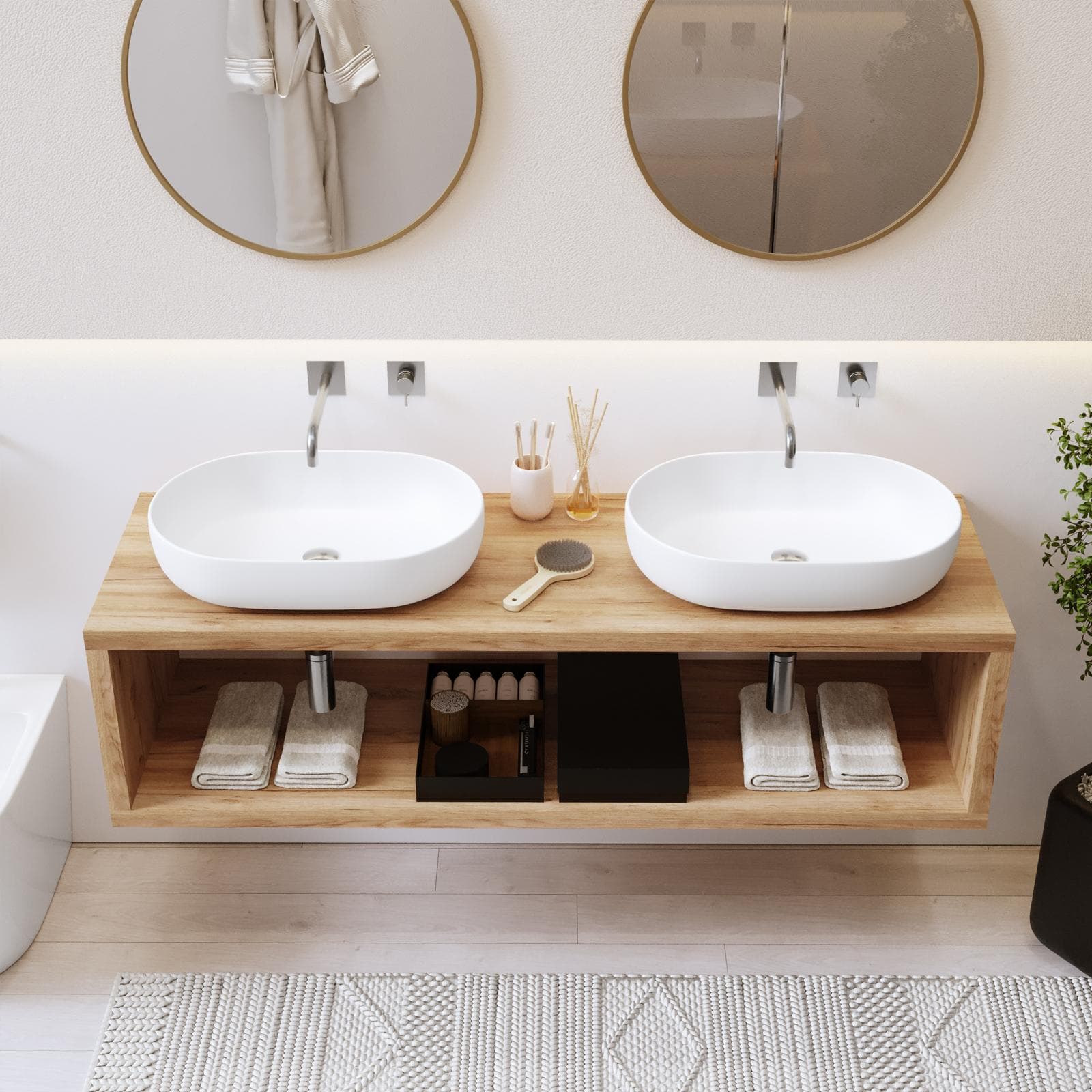 Mensolone bagno sospeso 160 cm con vano a giorno in legno rovere gold - Plain