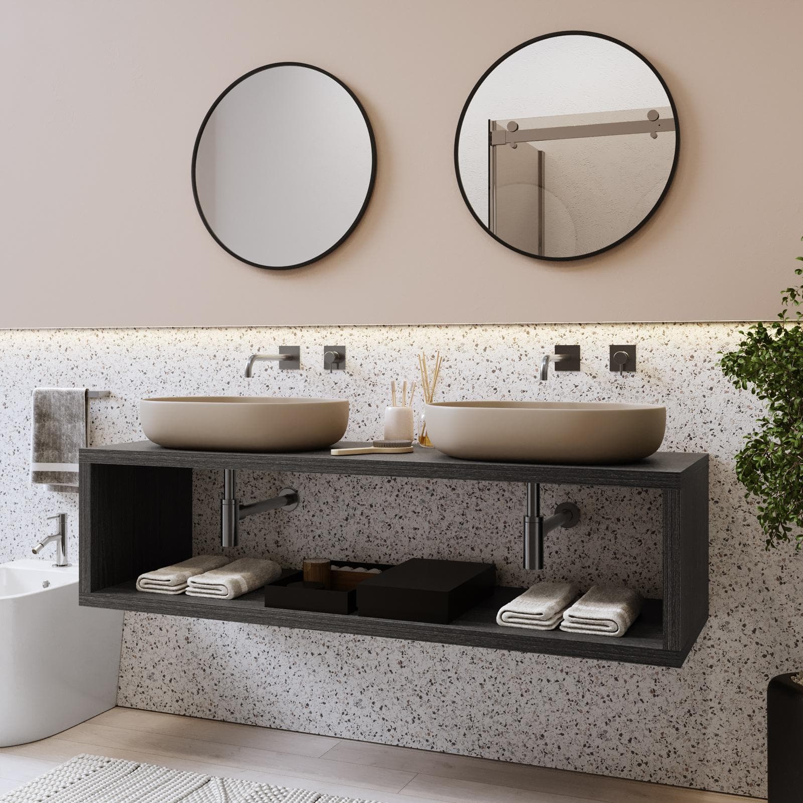 Mensolone bagno sospeso 160 cm con vano a giorno in legno rovere grigio - Plain