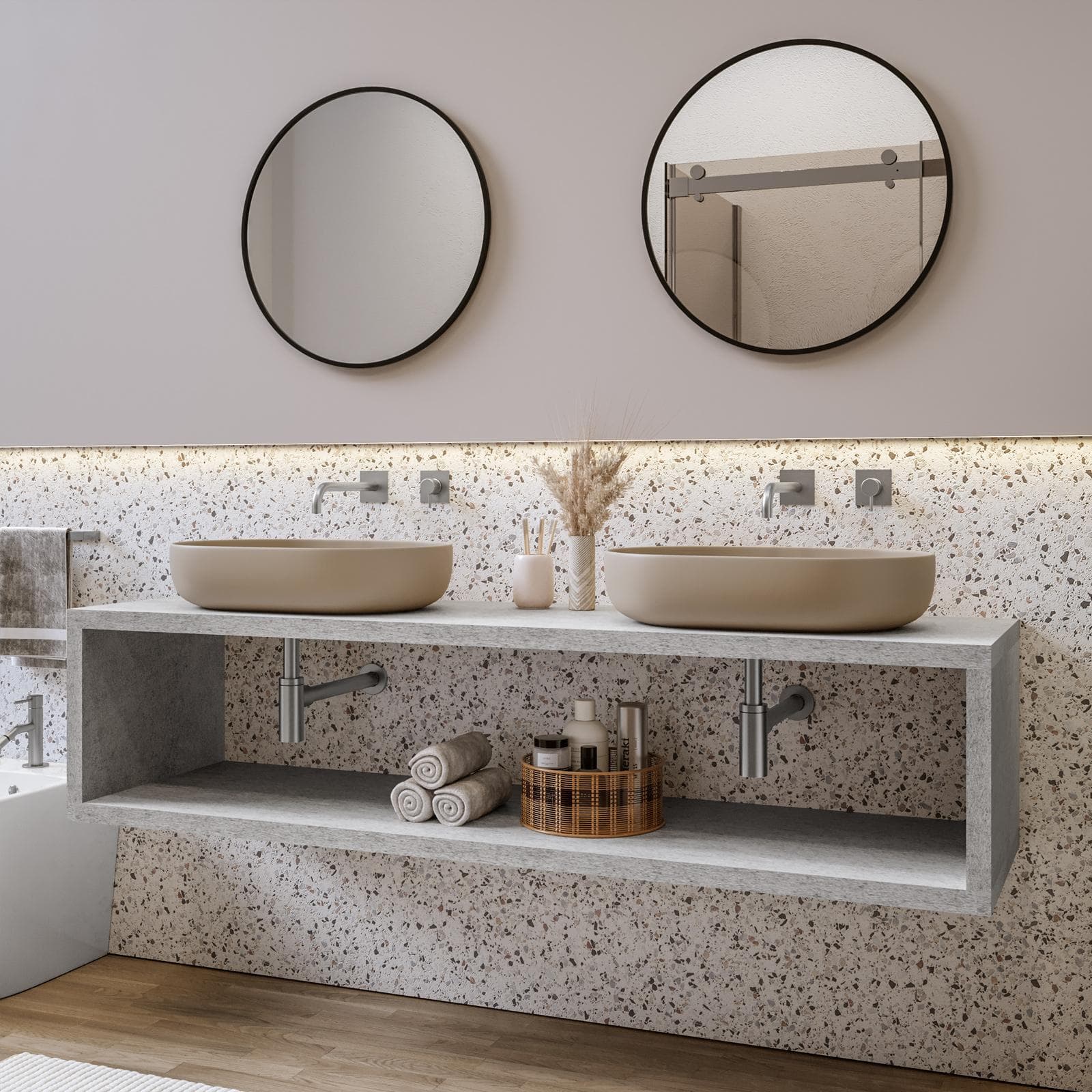 Mensolone bagno sospeso 170 cm con vano a giorno in legno grigio pietra opaco - Plain