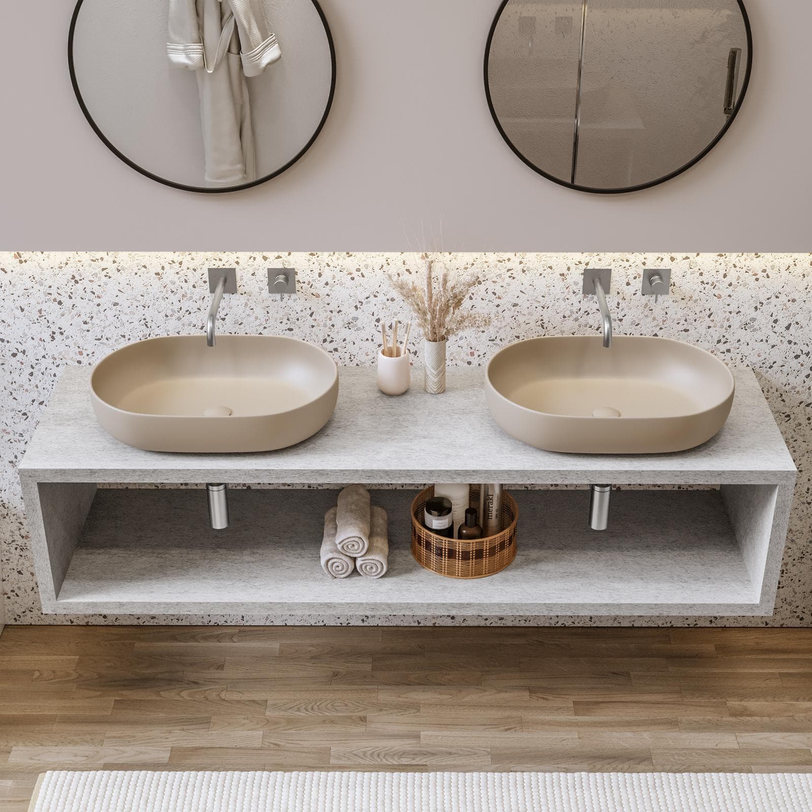 Mensolone bagno sospeso 170 cm con vano a giorno in legno grigio pietra opaco - Plain