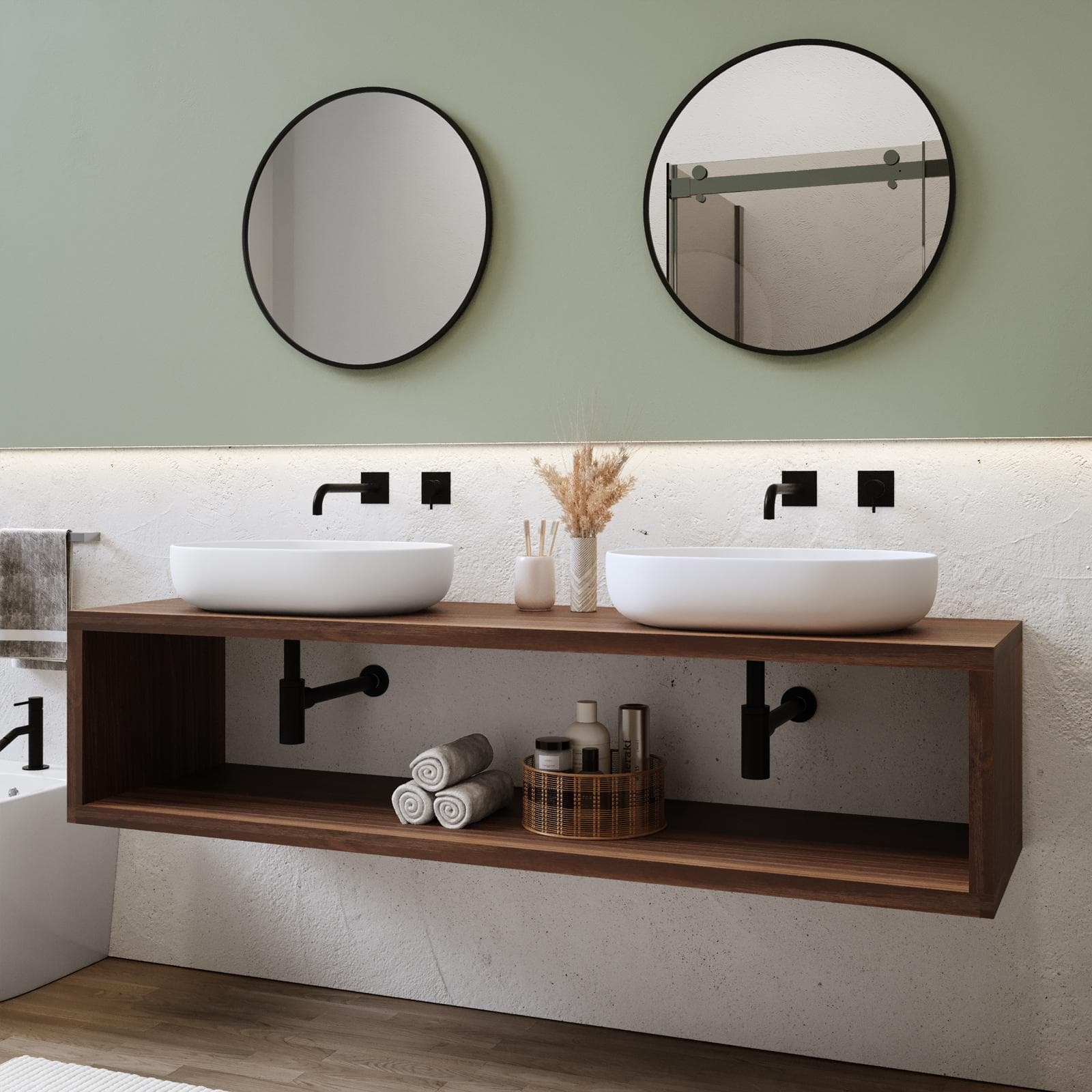 Mensolone bagno sospeso 170 cm con vano a giorno in legno rovere deciso - Plain