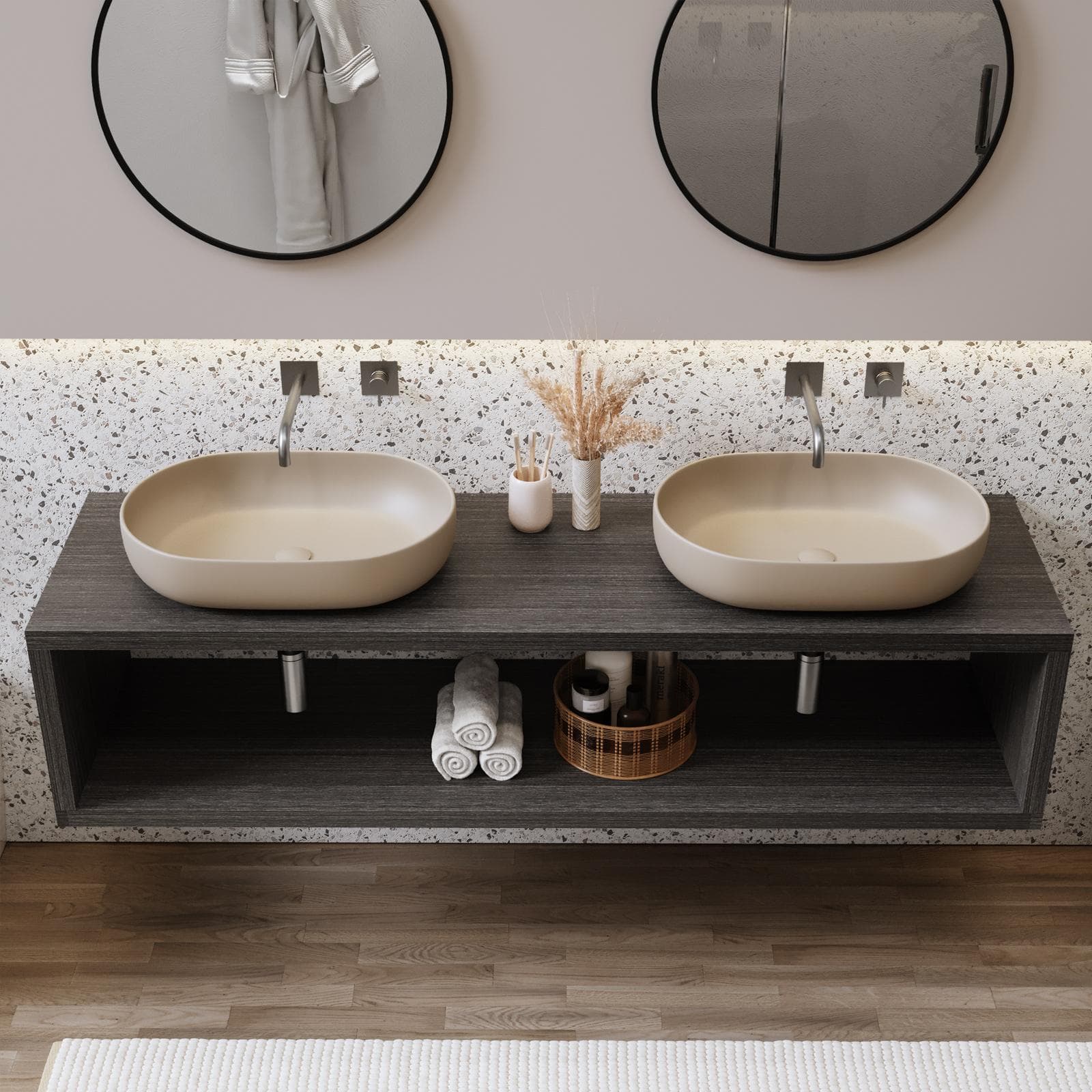 Mensolone bagno sospeso 170 cm con vano a giorno in legno rovere grigio - Plain
