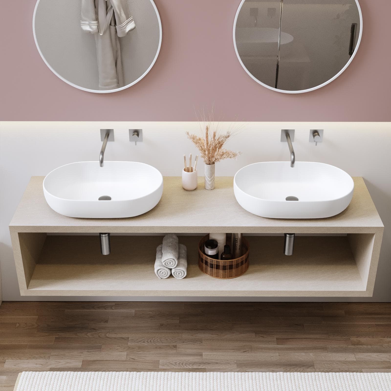 Mensolone bagno sospeso 180 cm con vano a giorno in legno argilla - Plain