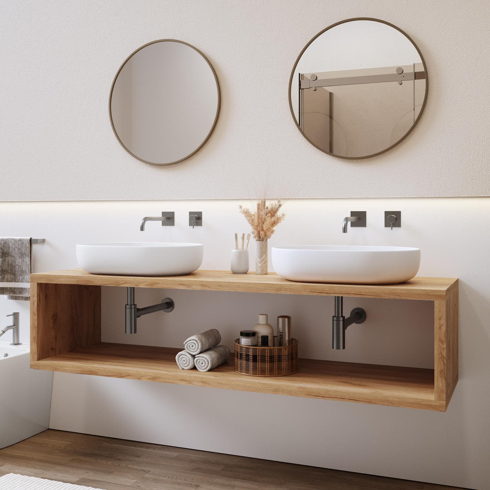 Mensolone bagno sospeso 180 cm con vano a giorno in legno rovere gold - Plain