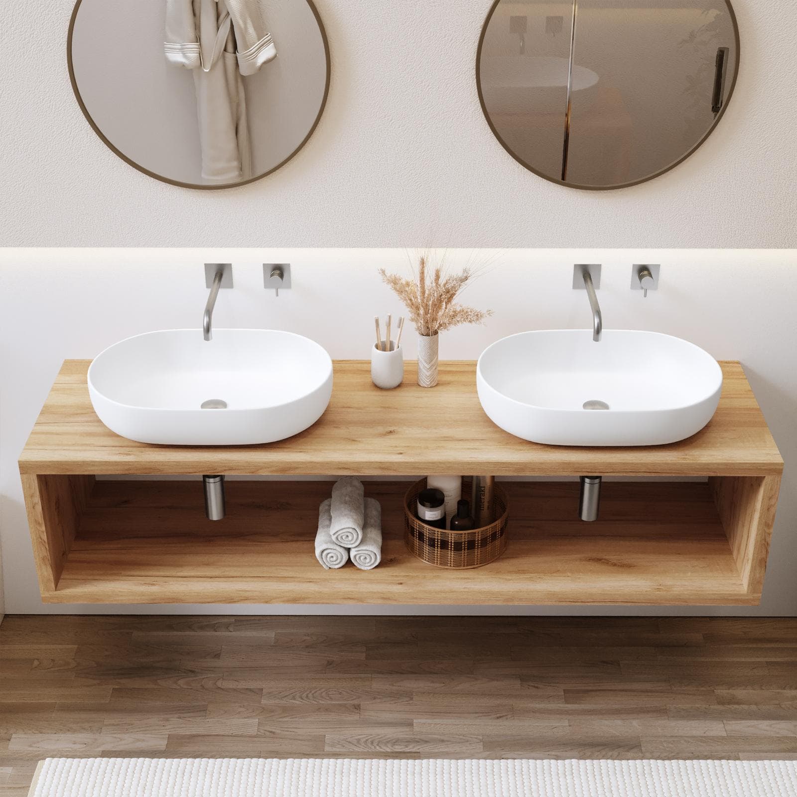 Mensolone bagno sospeso 180 cm con vano a giorno in legno rovere gold - Plain
