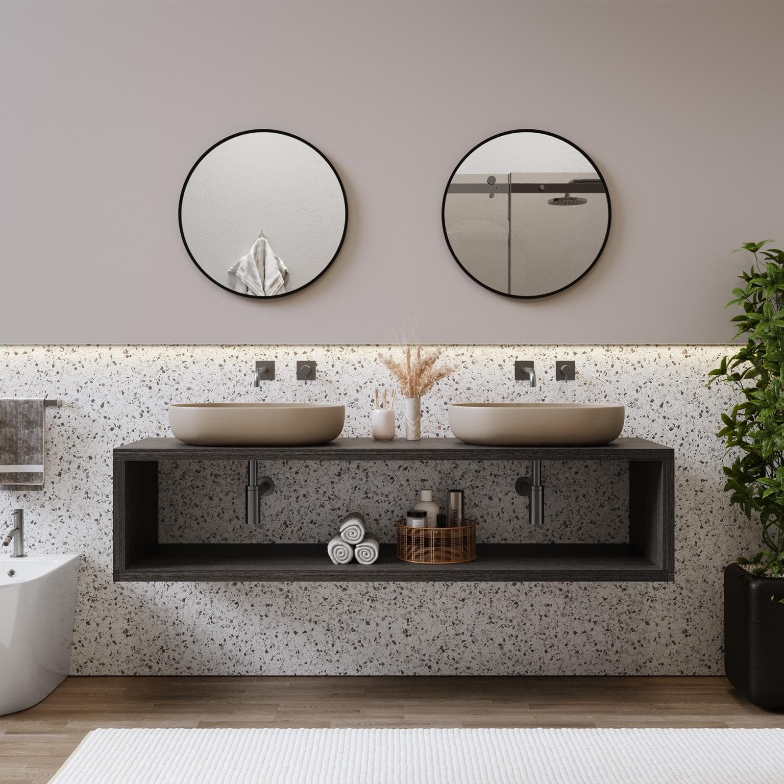 Mensolone bagno sospeso 180 cm con vano a giorno in legno rovere grigio - Plain