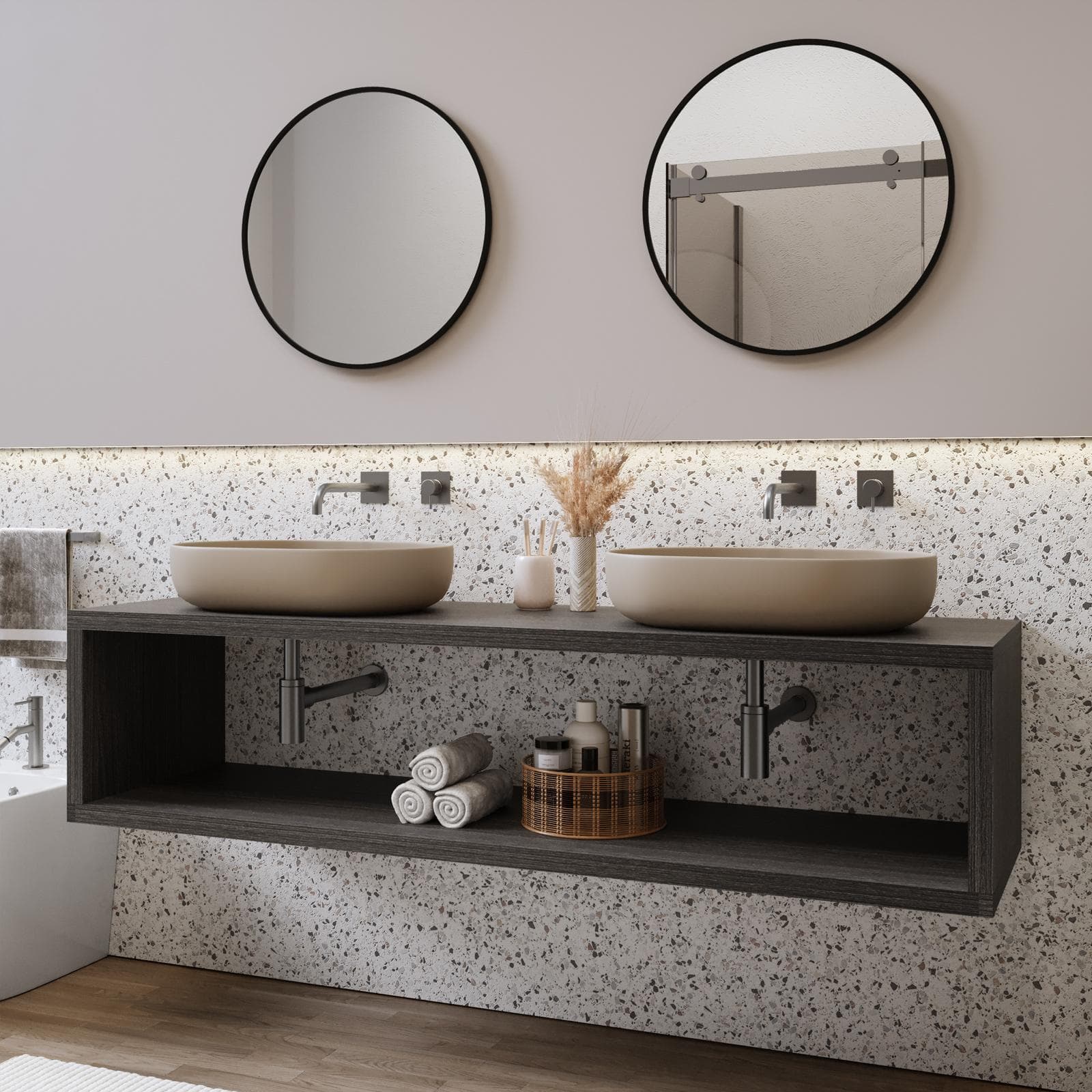 Mensolone bagno sospeso 180 cm con vano a giorno in legno rovere grigio - Plain