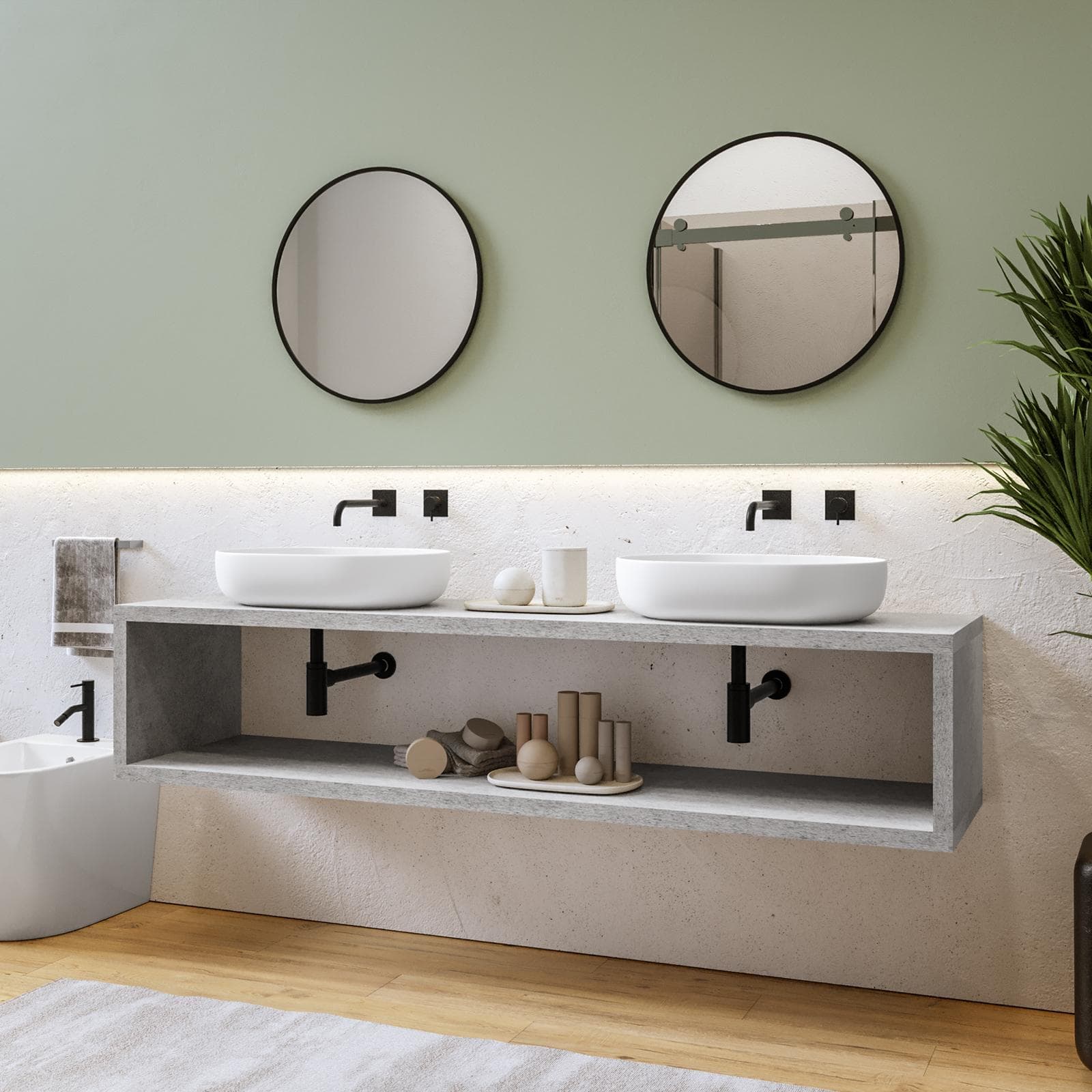 Mensolone bagno sospeso 190 cm con vano a giorno in legno grigio pietra opaco - Plain