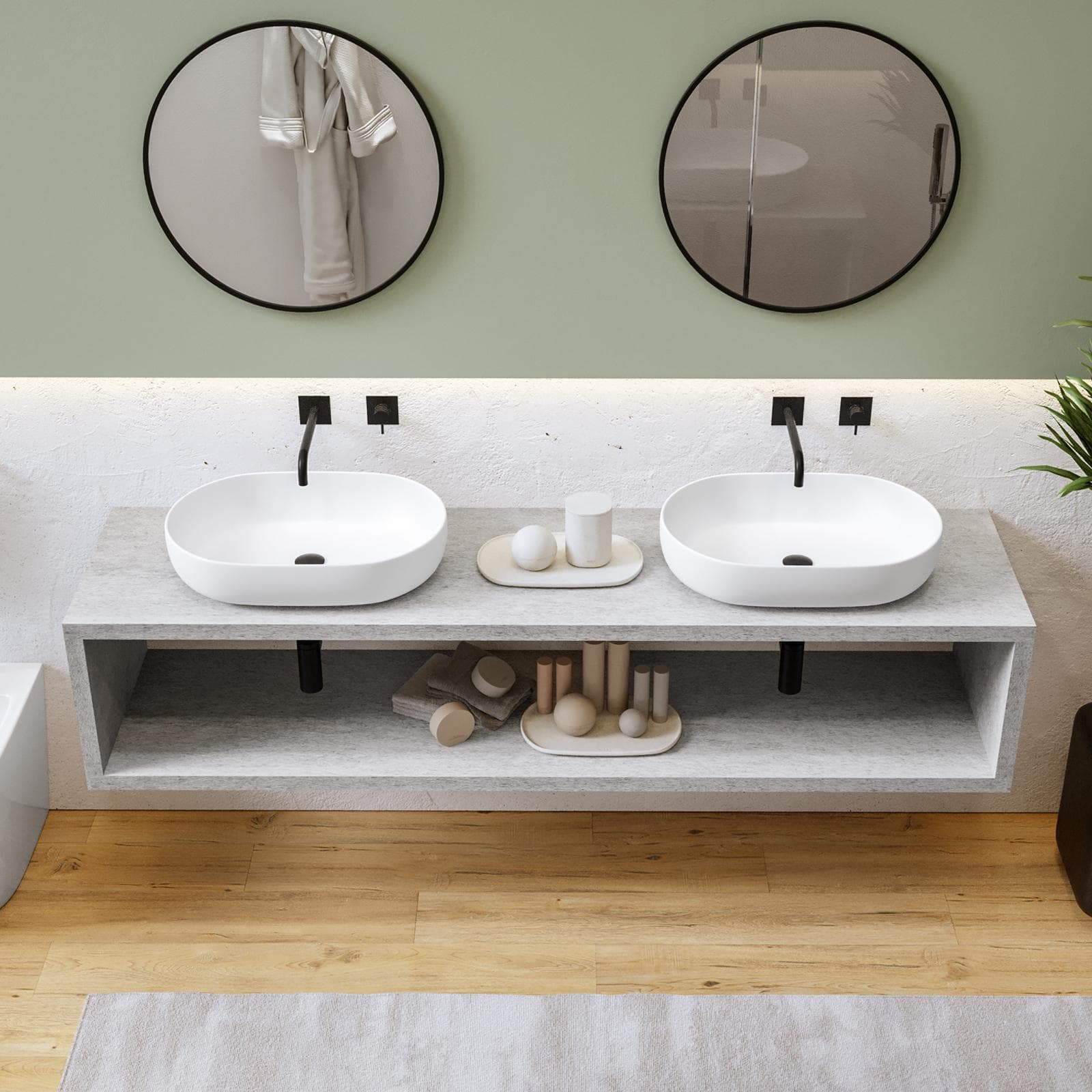 Mensolone bagno sospeso 190 cm con vano a giorno in legno grigio pietra opaco - Plain