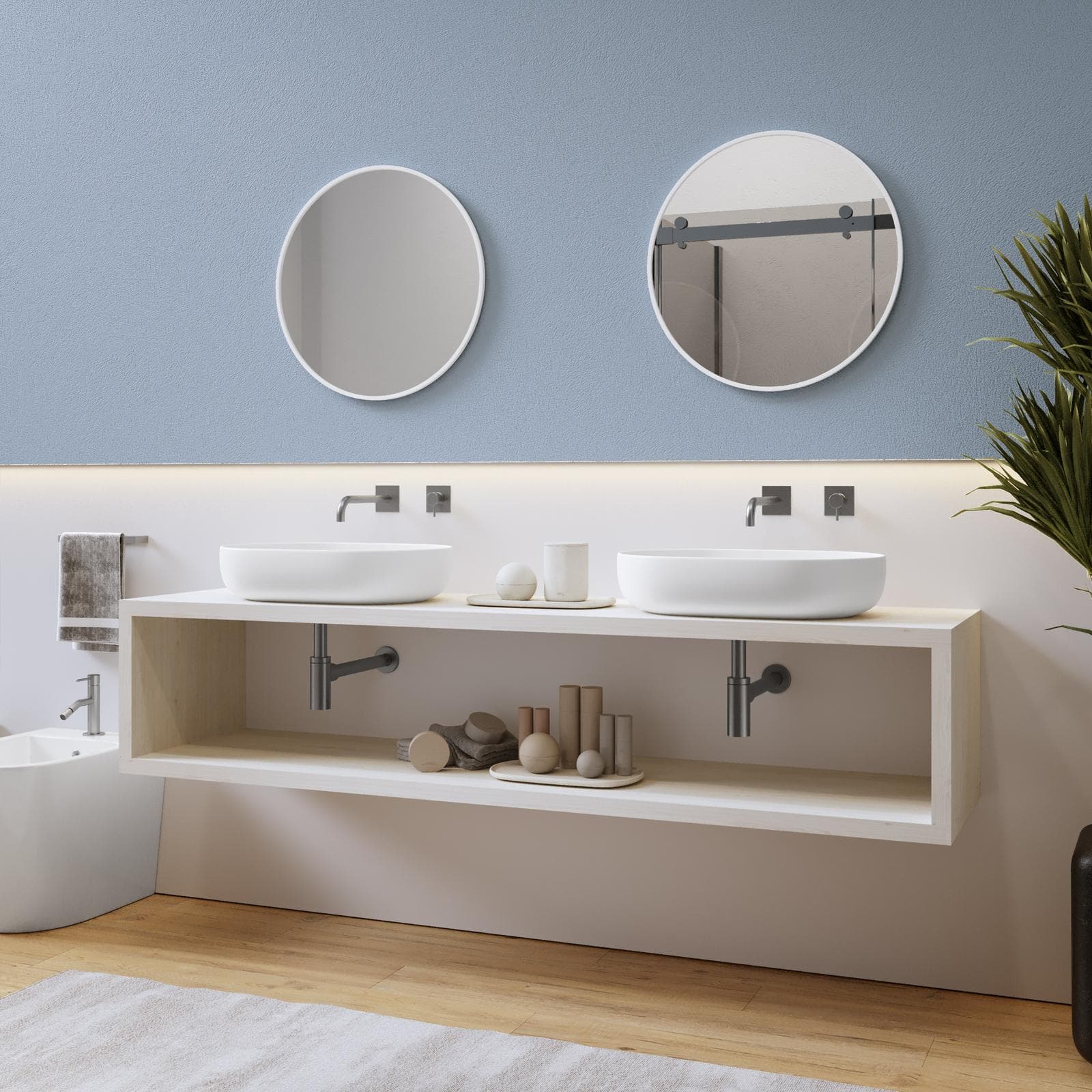 Mensolone bagno sospeso 200 cm con vano a giorno in legno rovere bianco - Plain