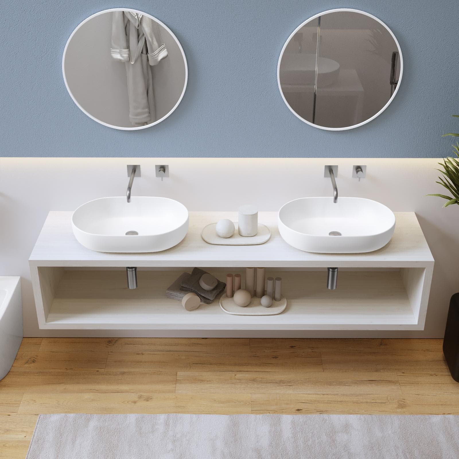 Mensolone bagno sospeso 200 cm con vano a giorno in legno rovere bianco - Plain