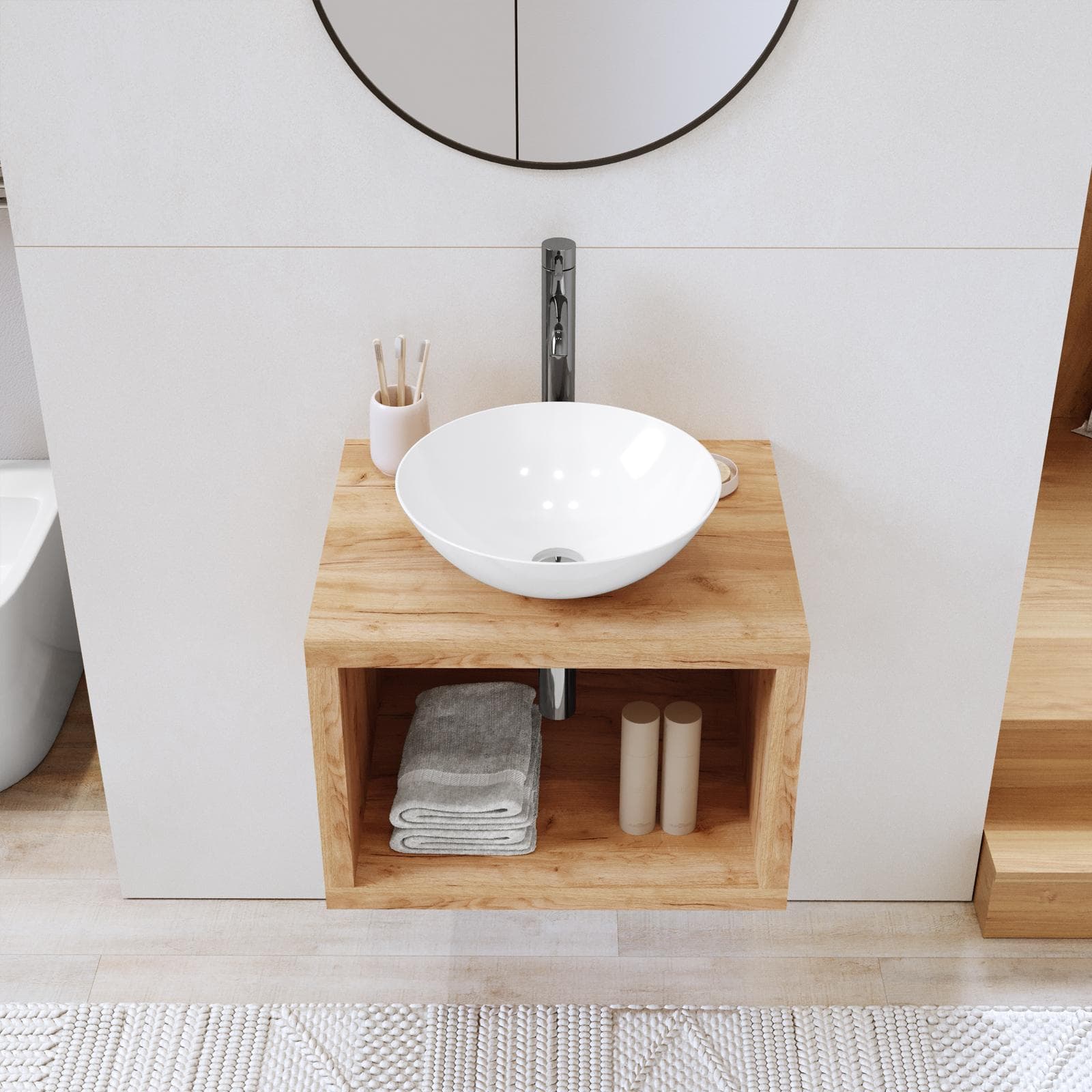 Mensolone bagno sospeso 60 cm con vano a giorno in legno rovere gold - Plain