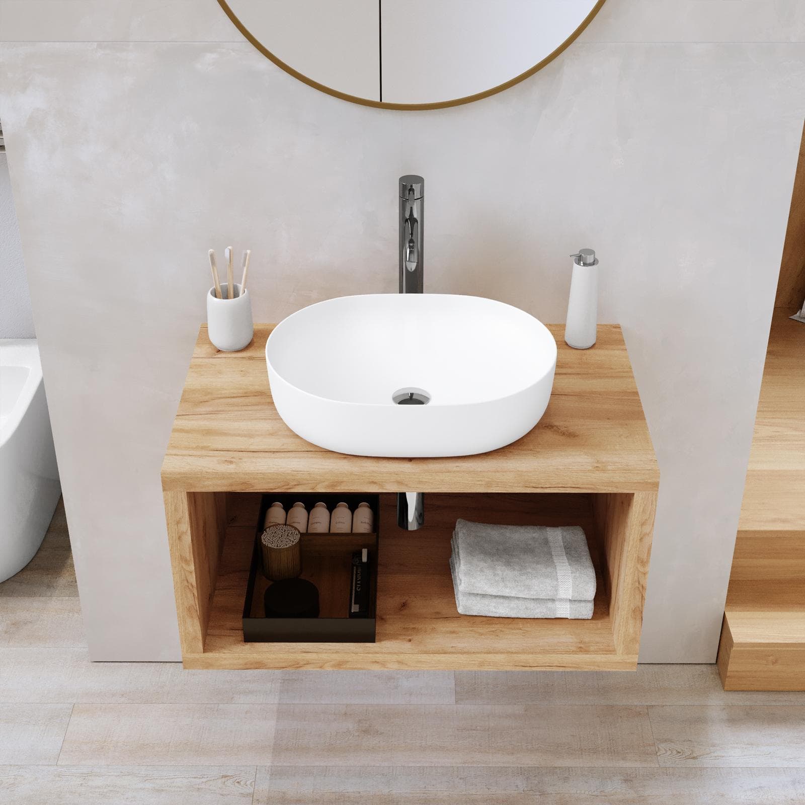 Mensolone bagno sospeso 80 cm con vano a giorno in legno rovere gold - Plain