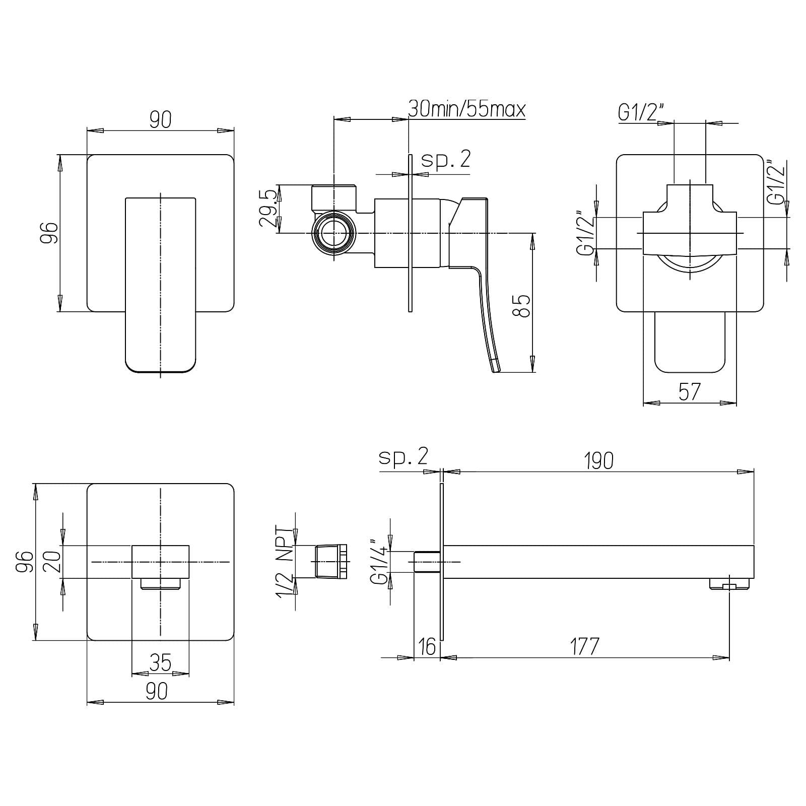 Miscelatore lavabo a muro design squadrato bocca 19 cm cromato - Tanka di Jacuzzi Rubinetteria